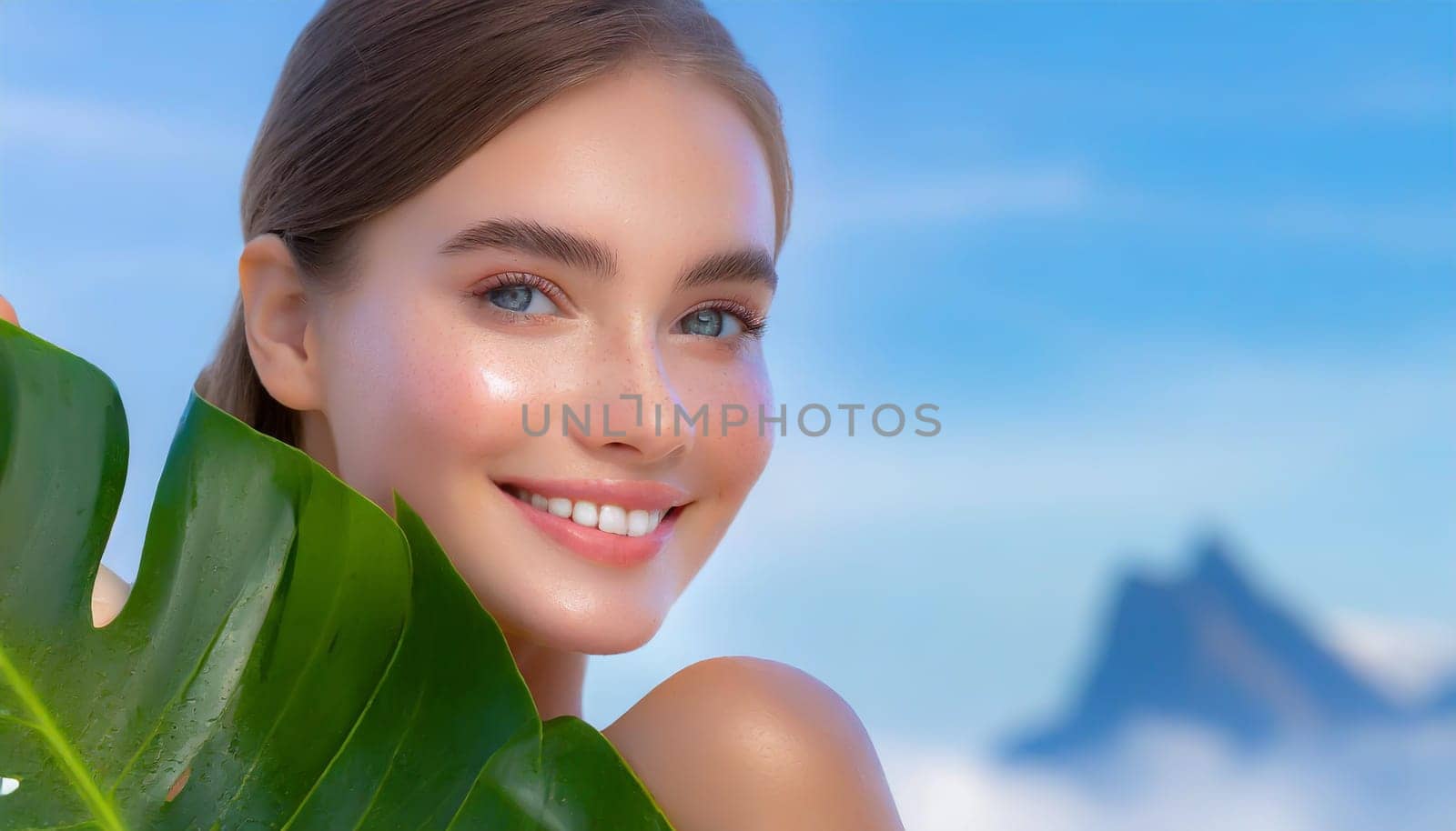Portrait of young beautiful woman with healthy glow perfect smooth skin holds green tropical leaf. Model with natural nude make up. Gray background.