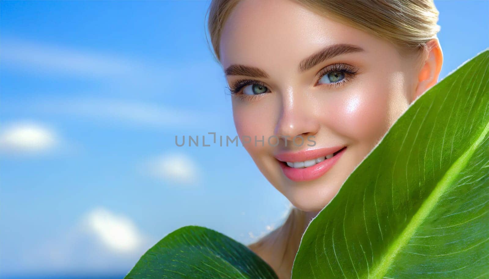 Portrait of young beautiful woman with healthy glow perfect smooth skin holds green tropical leaf. Model with natural nude make up. Gray background.