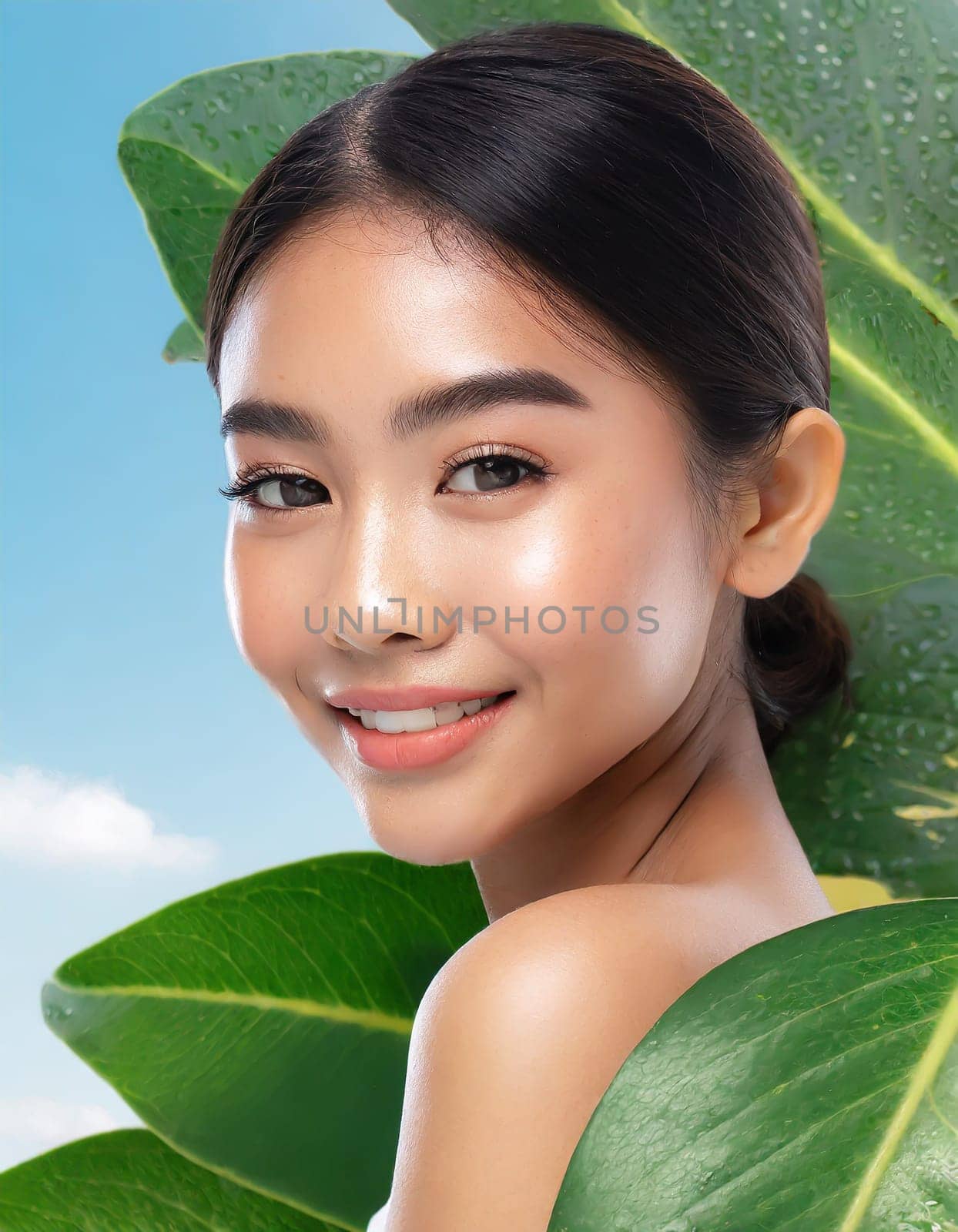 Gorgeous Asian young woman with a fresh leaf to her face