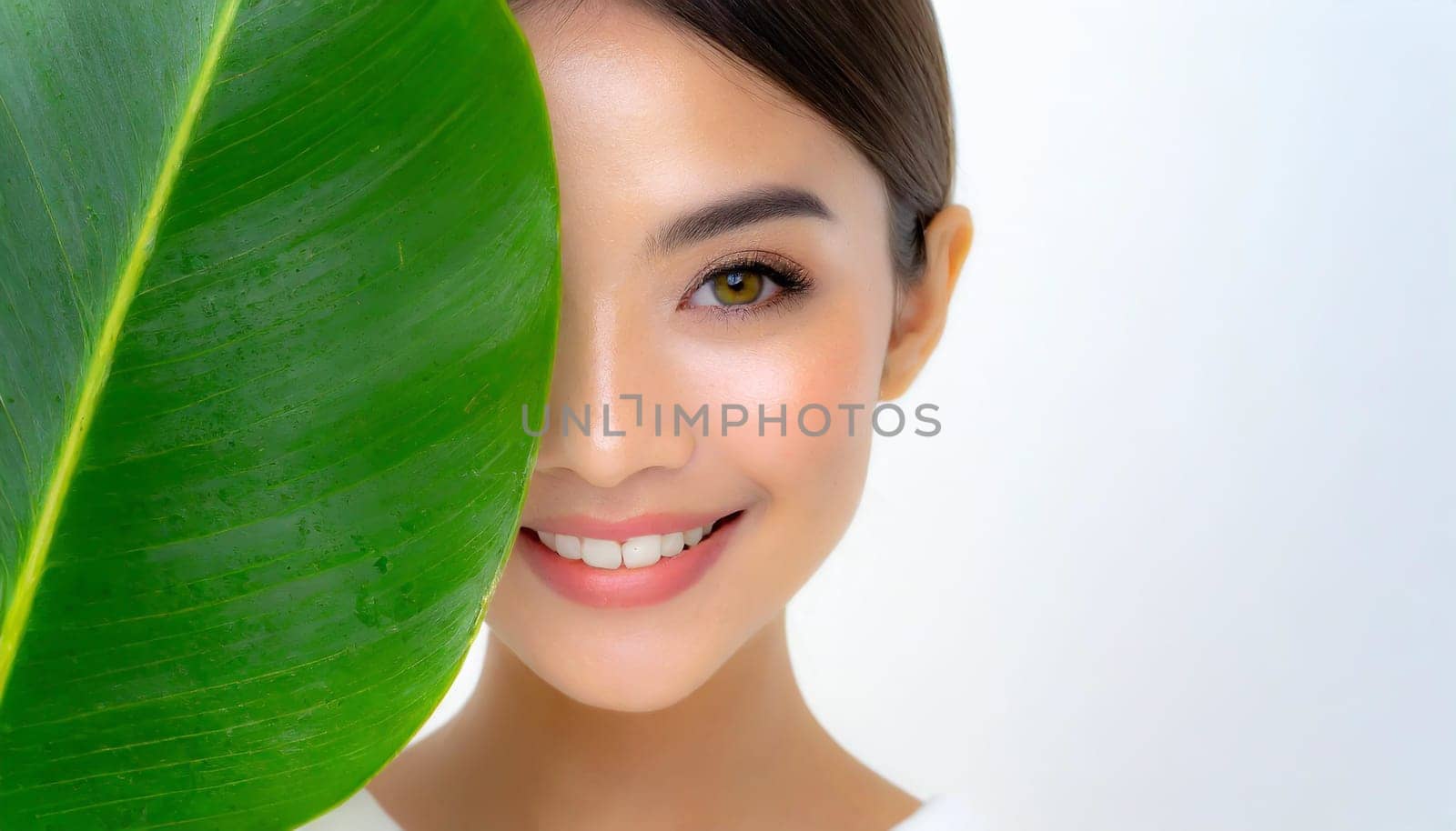 Portrait of young beautiful woman with healthy glow perfect smooth skin holds green tropical leaf. Model with natural nude make up. Gray background.