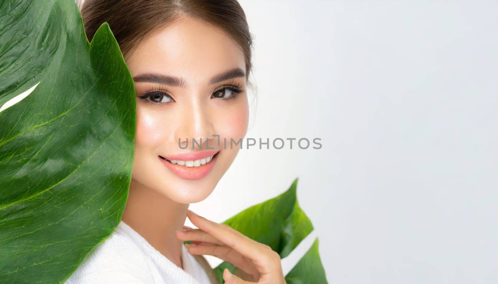 Portrait of young beautiful woman with healthy glow perfect smooth skin holds green tropical leaf. Model with natural nude make up. Gray background.