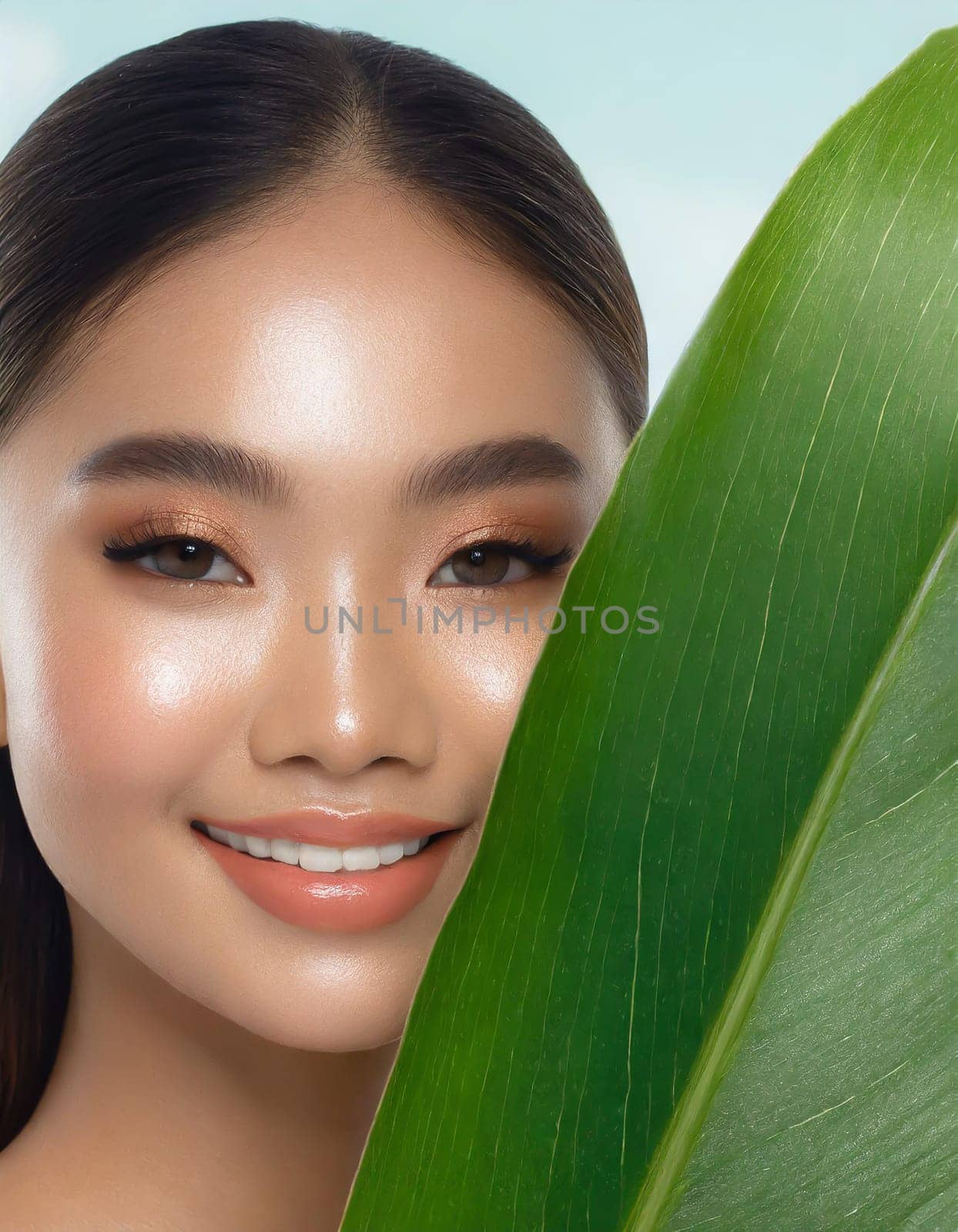 Gorgeous Asian young woman with a fresh leaf to her face