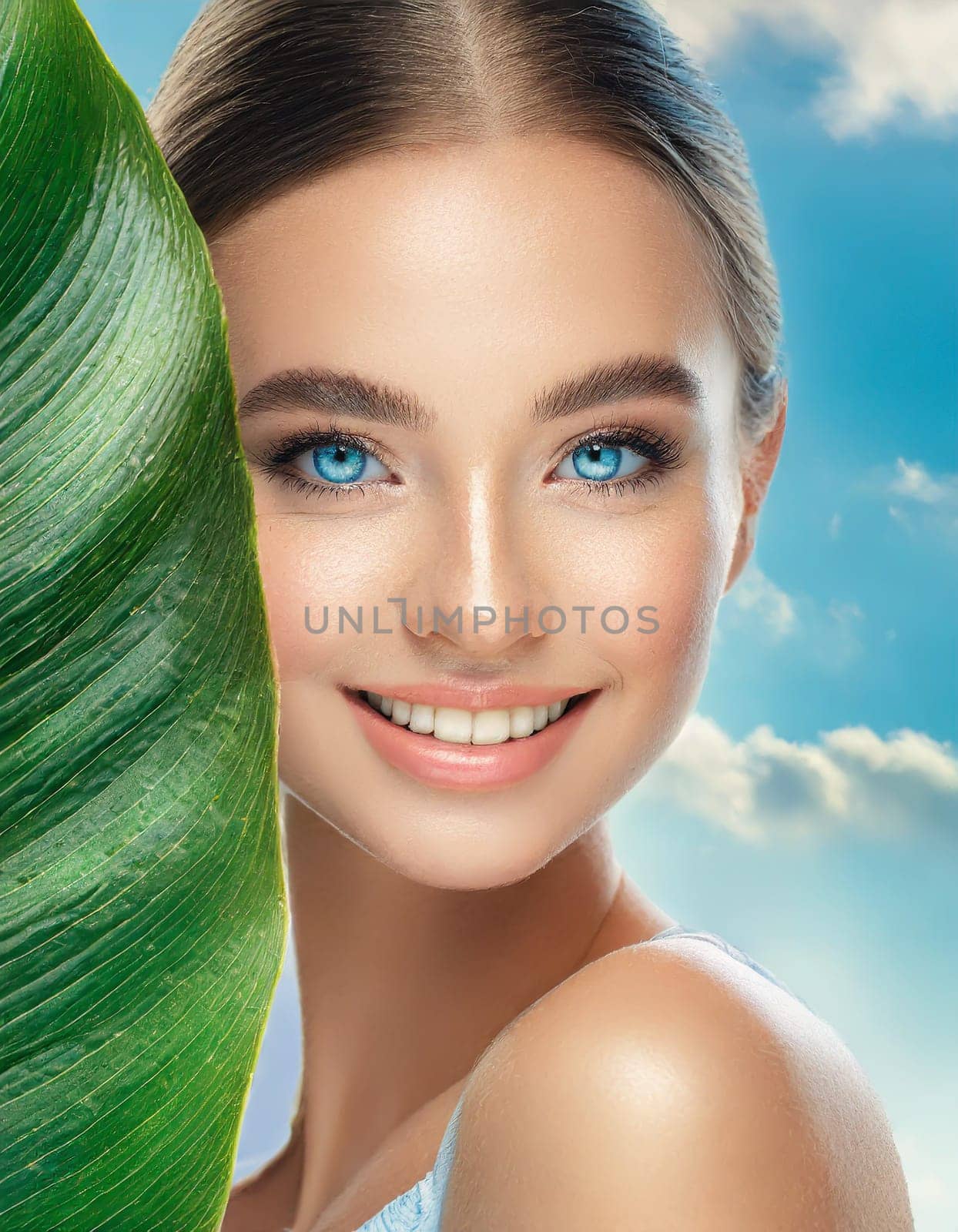 Portrait of young beautiful woman with healthy glow perfect smooth skin holds green tropical leaf. Model with natural nude make up. Gray background.