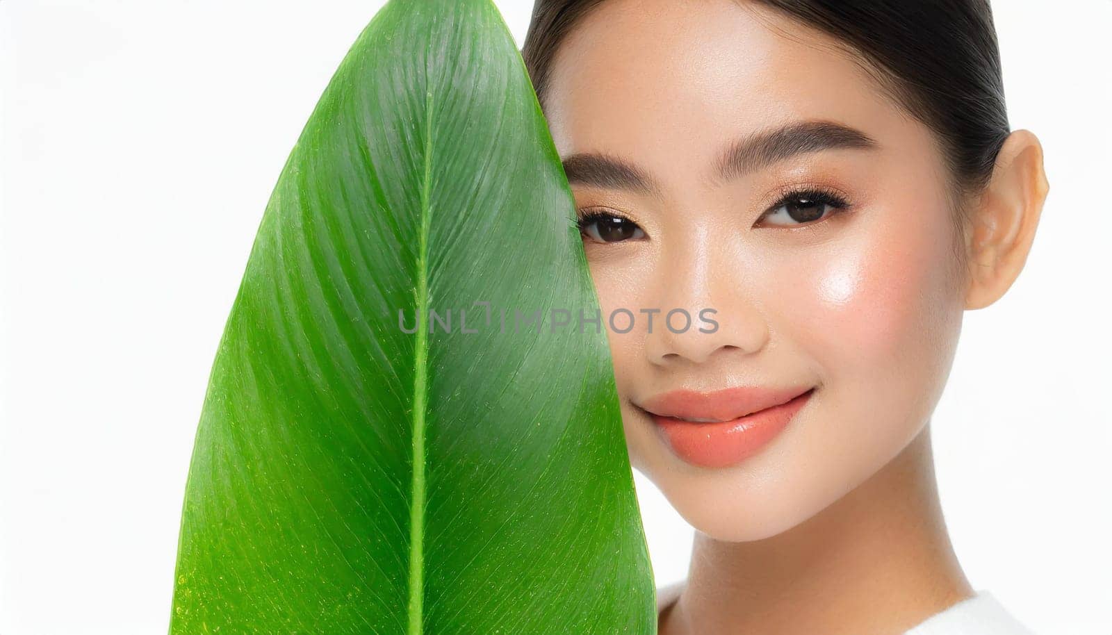 Portrait of young beautiful woman with healthy glow perfect smooth skin holds green tropical leaf. Model with natural nude make up. Gray background.