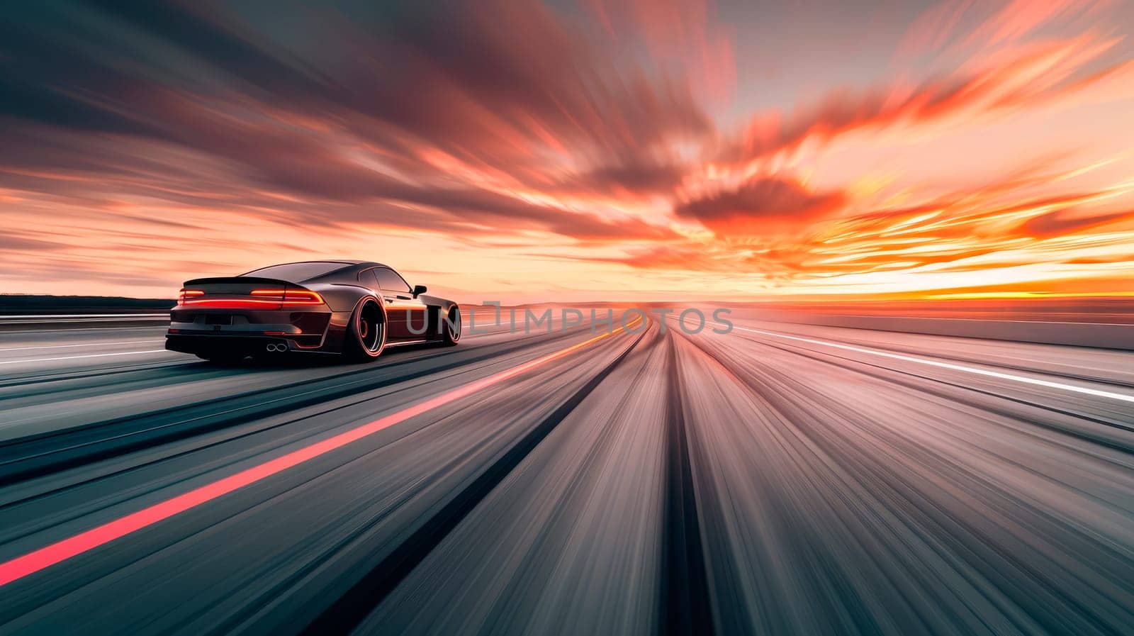 Back view tracking shot of a car speeding on empty highway. AI generated