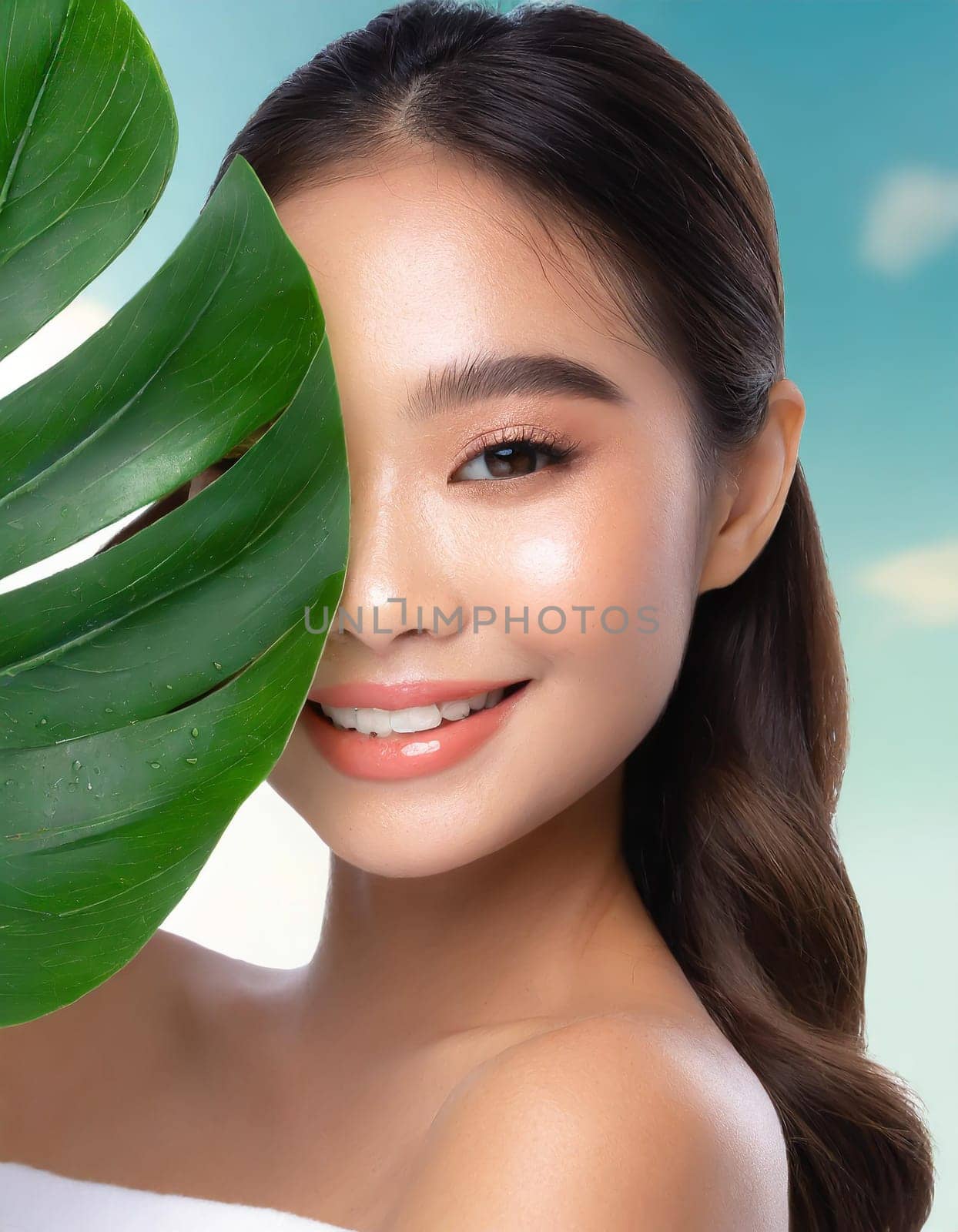 Portrait of young beautiful woman with healthy glow perfect smooth skin holds green tropical leaf. Model with natural nude make up. Gray background.