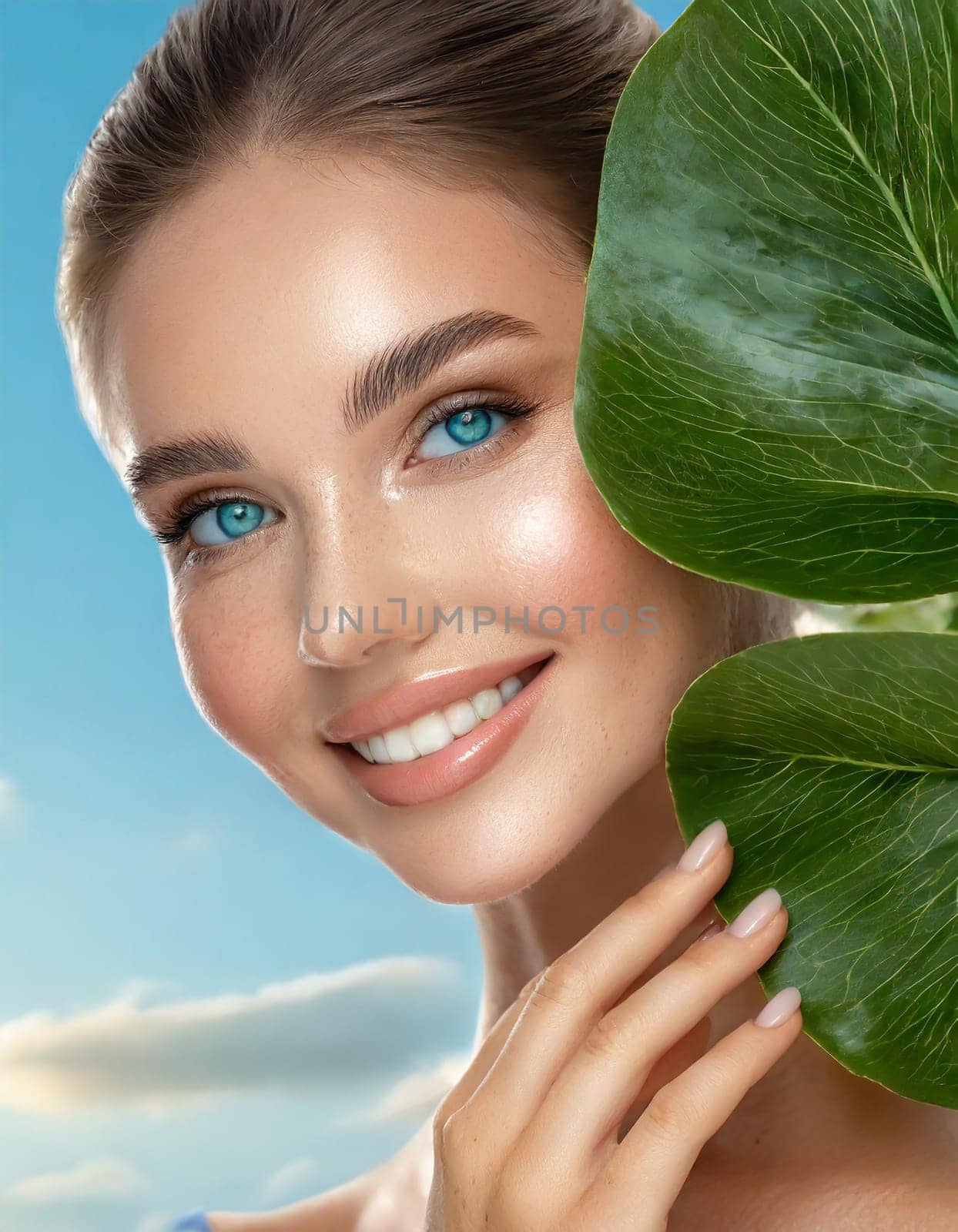 Portrait of young beautiful woman with healthy glow perfect smooth skin holds green tropical leaf. Model with natural nude make up. Gray background.