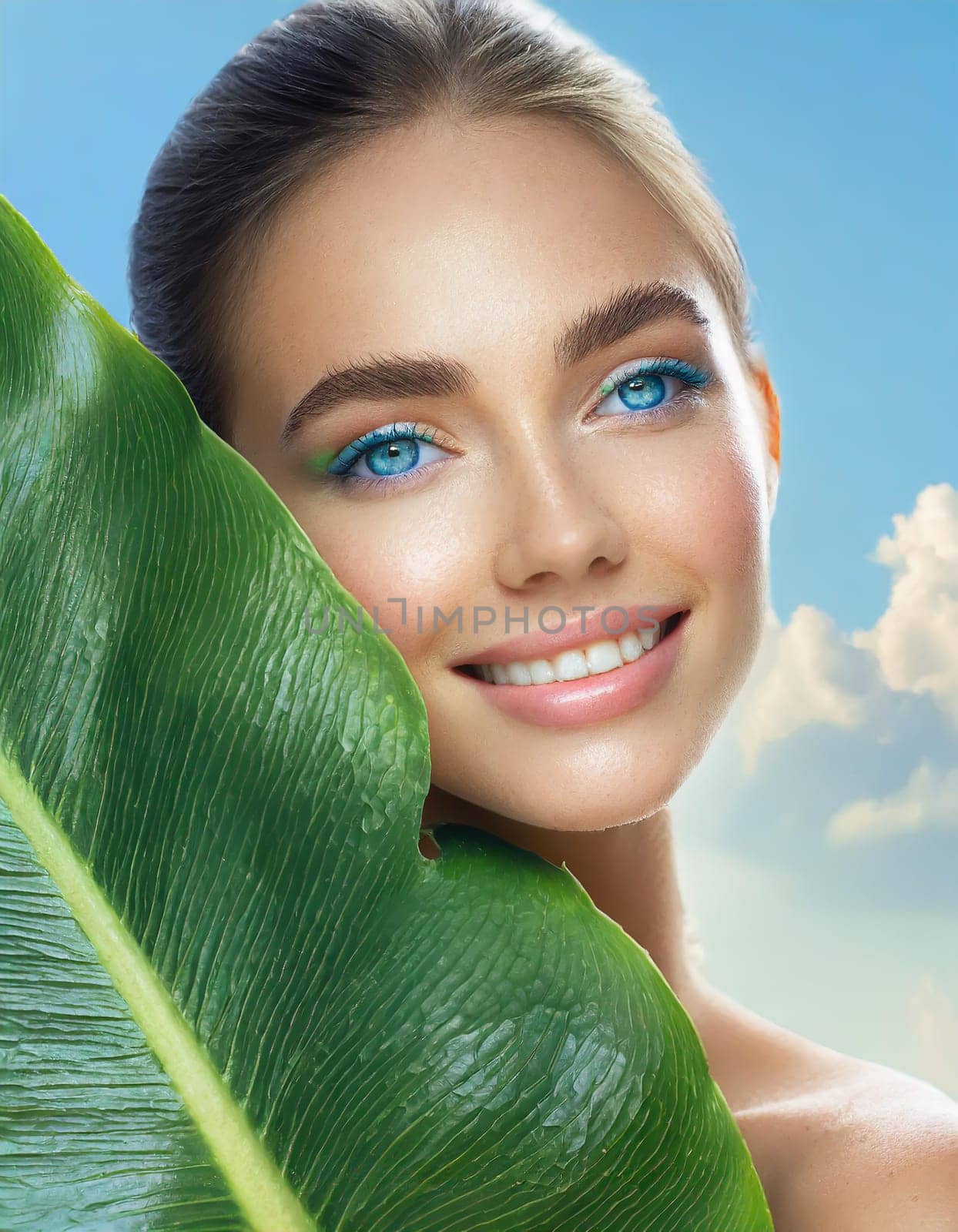 Portrait of young beautiful woman with healthy glow perfect smooth skin holds green tropical leaf. Model with natural nude make up. Gray background.