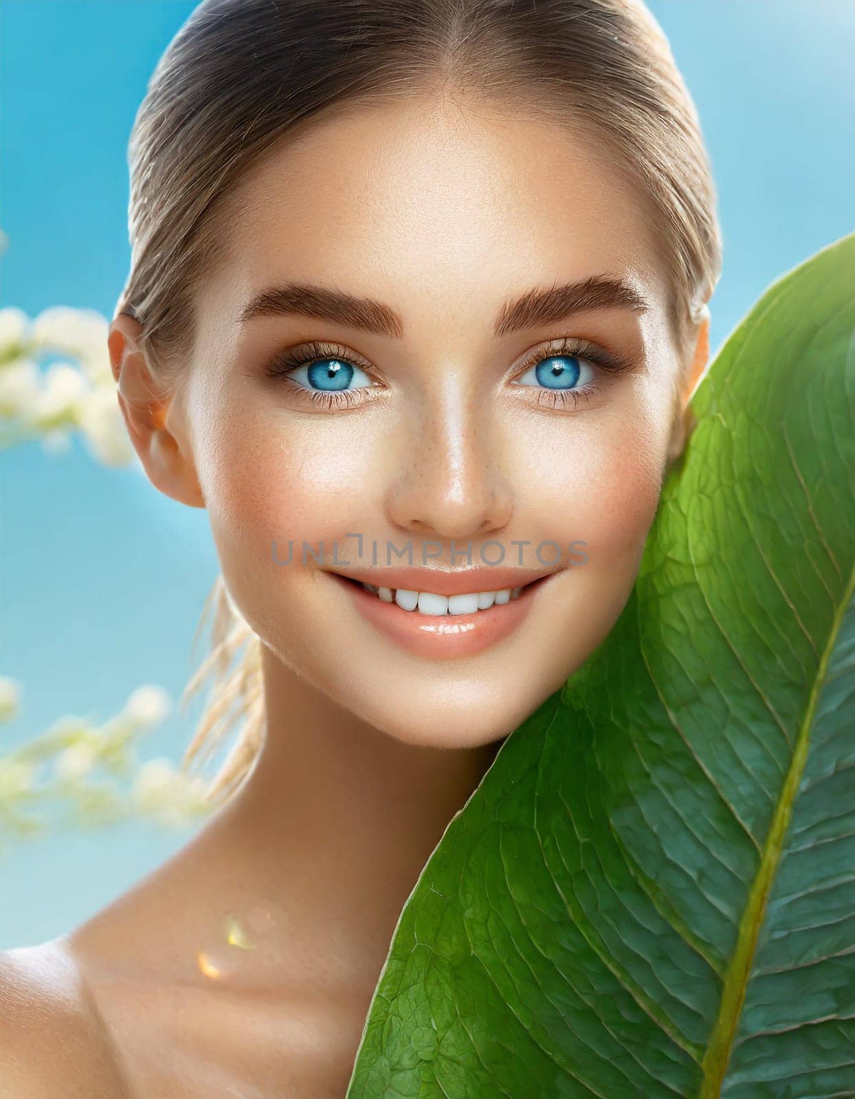 Portrait of young beautiful woman with healthy glow perfect smooth skin holds green tropical leaf. Model with natural nude make up. Gray background.