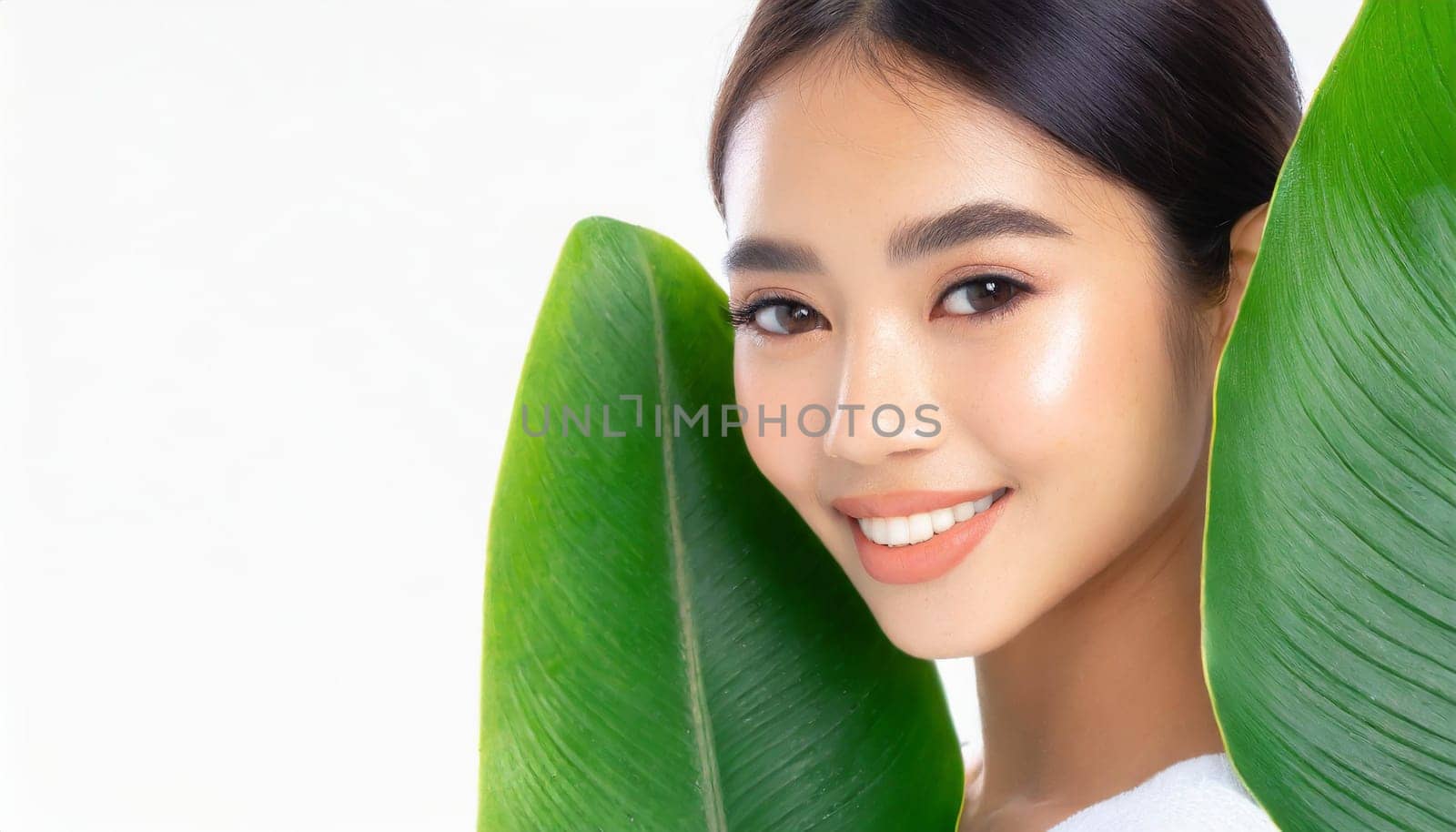 Portrait of young beautiful woman with healthy glow perfect smooth skin holds green tropical leaf. Model with natural nude make up. Gray background.