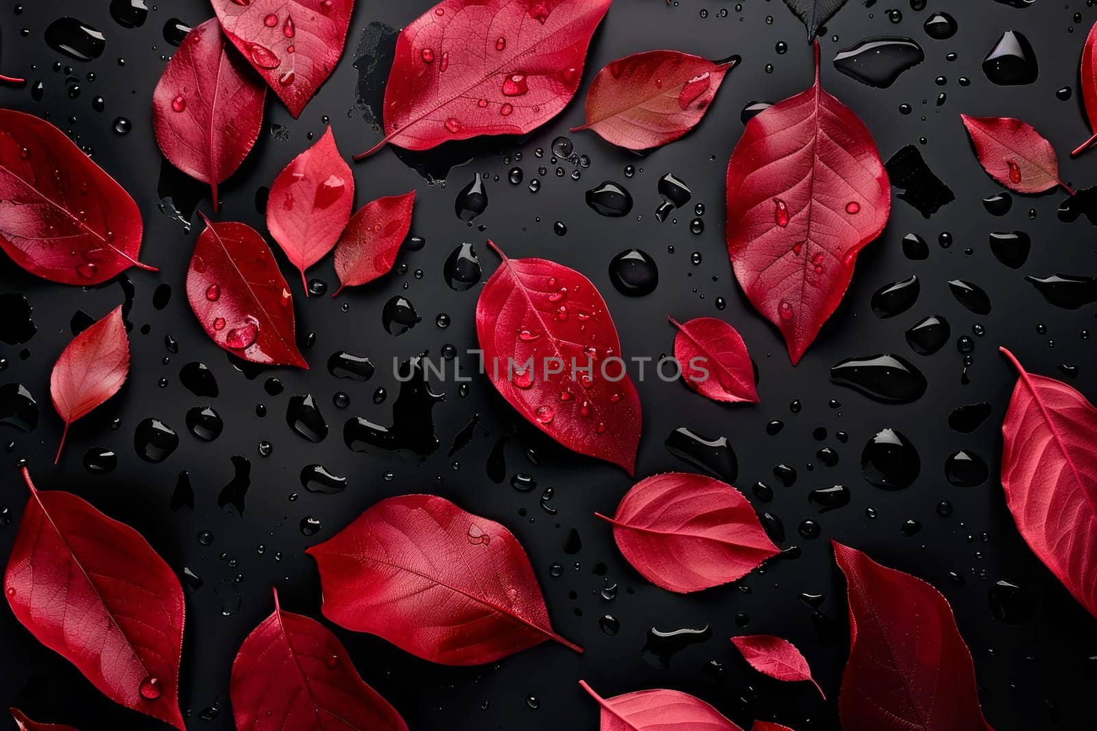 Natural elegant red leaves with a fresh raindrops. Background made of red  leaves with water drops, dew. Flat lay, top view. AI generated