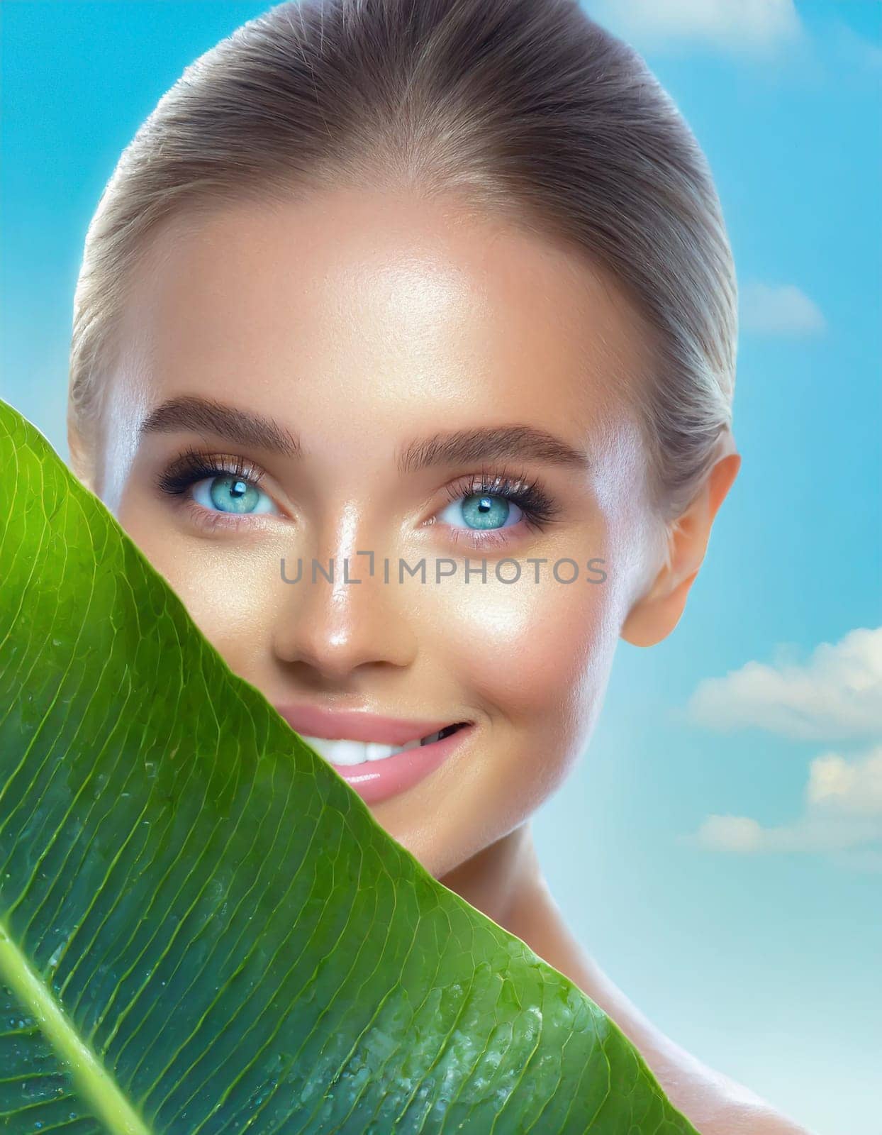 Portrait of young beautiful woman with healthy glow perfect smooth skin holds green tropical leaf. Model with natural nude make up. Gray background.