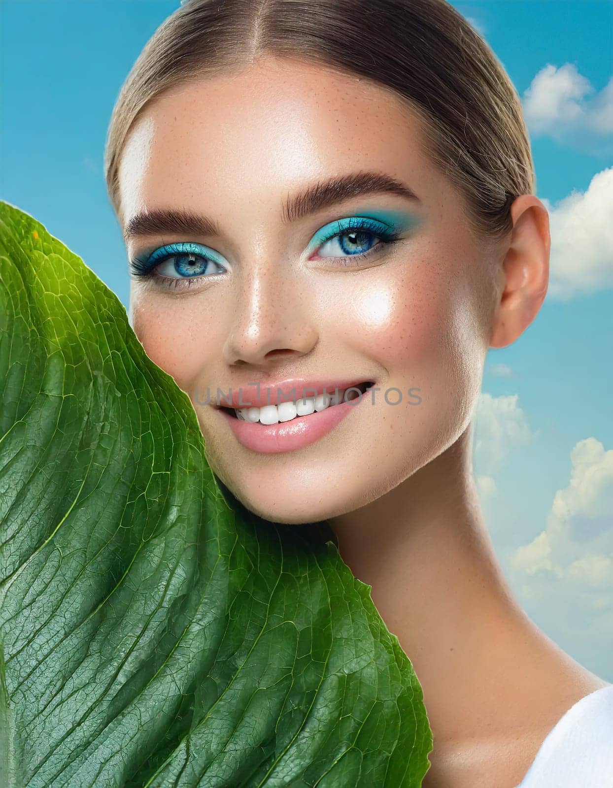 Portrait of young beautiful woman with healthy glow perfect smooth skin holds green tropical leaf. Model with natural nude make up. Gray background.