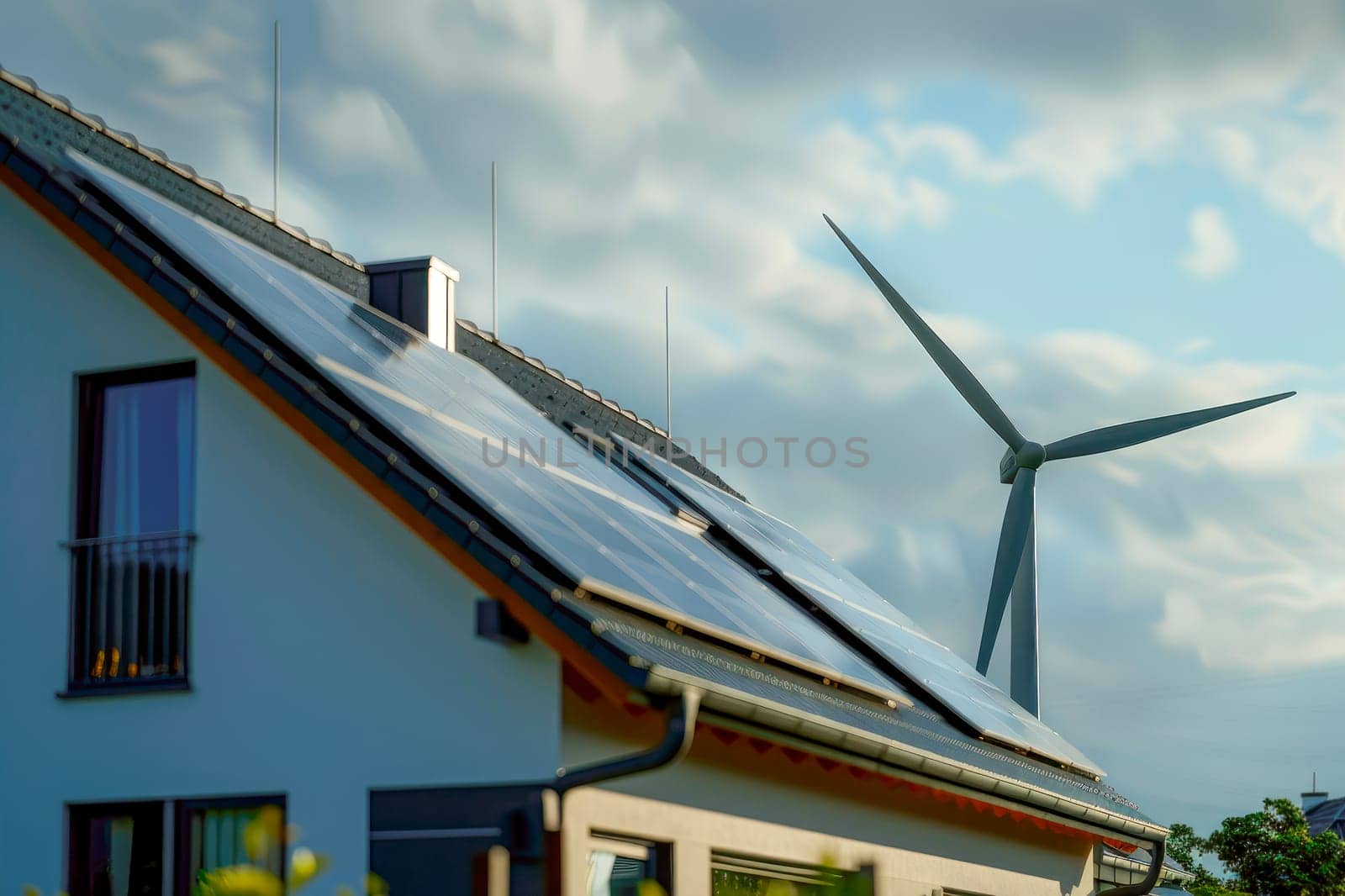 Solar panel on a roof of a house and wind turbin  - concept of sustainable resources . AI generated