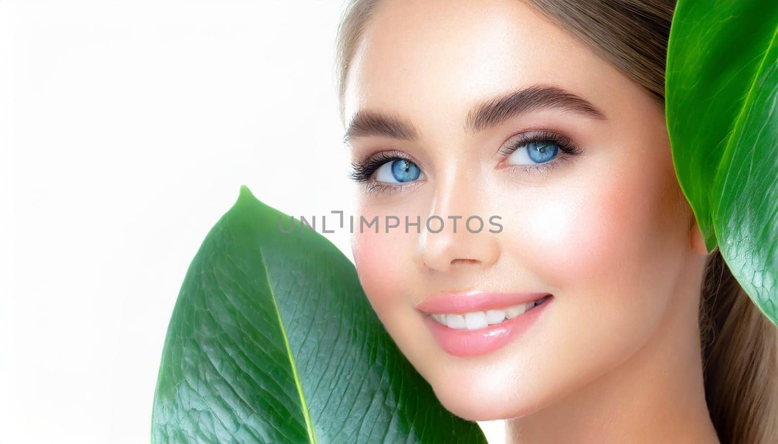 Portrait of young beautiful woman with healthy glow perfect smooth skin holds green tropical leaf. Model with natural nude make up. Gray background.