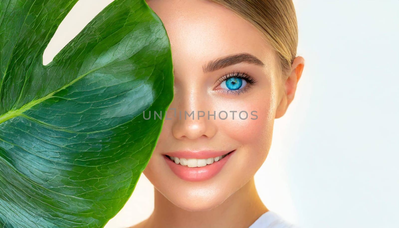 Portrait of young beautiful woman with healthy glow perfect smooth skin holds green tropical leaf. Model with natural nude make up. Gray background.
