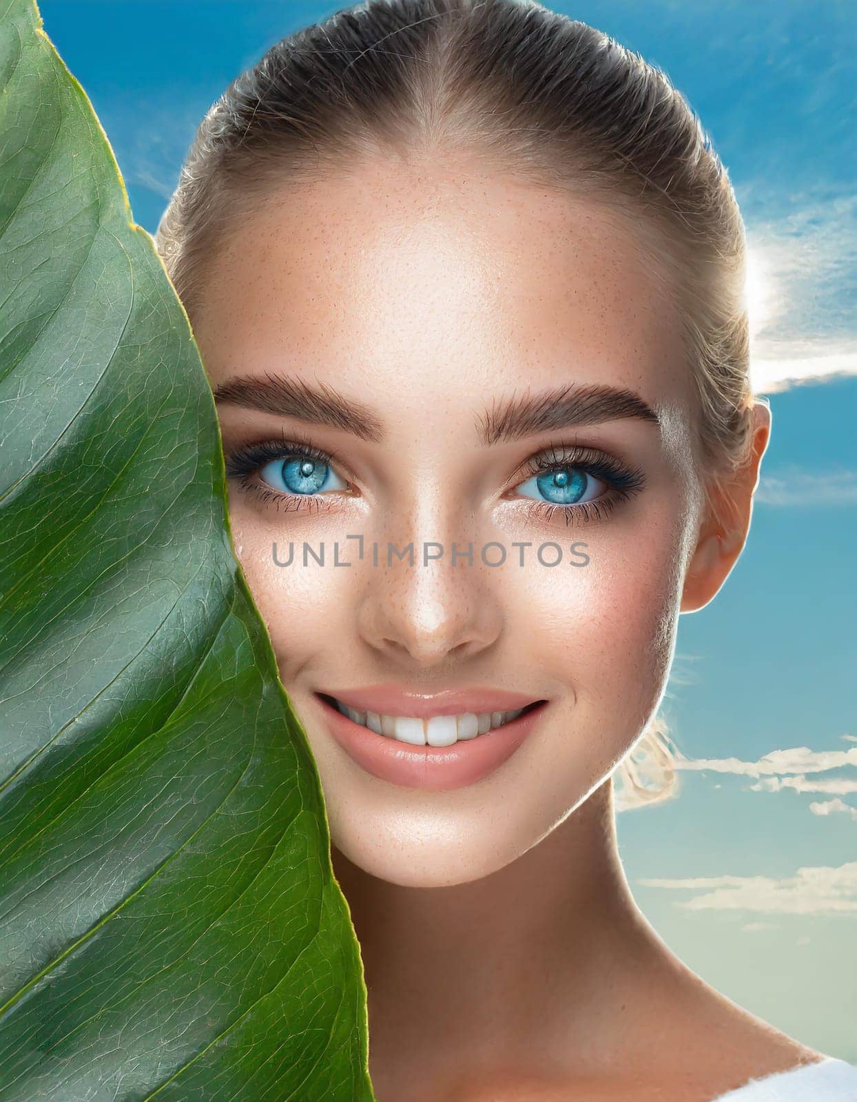 Portrait of young beautiful woman with healthy glow perfect smooth skin holds green tropical leaf. Model with natural nude make up. Gray background.