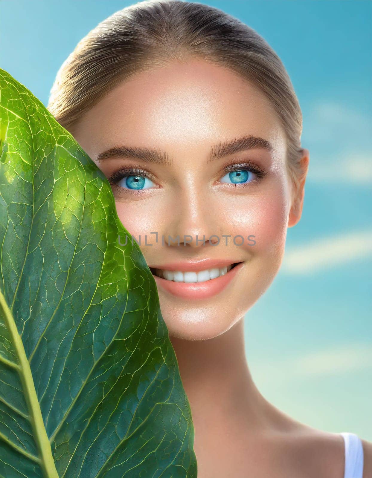 Portrait of young beautiful woman with healthy glow perfect smooth skin holds green tropical leaf. Model with natural nude make up. Gray background.
