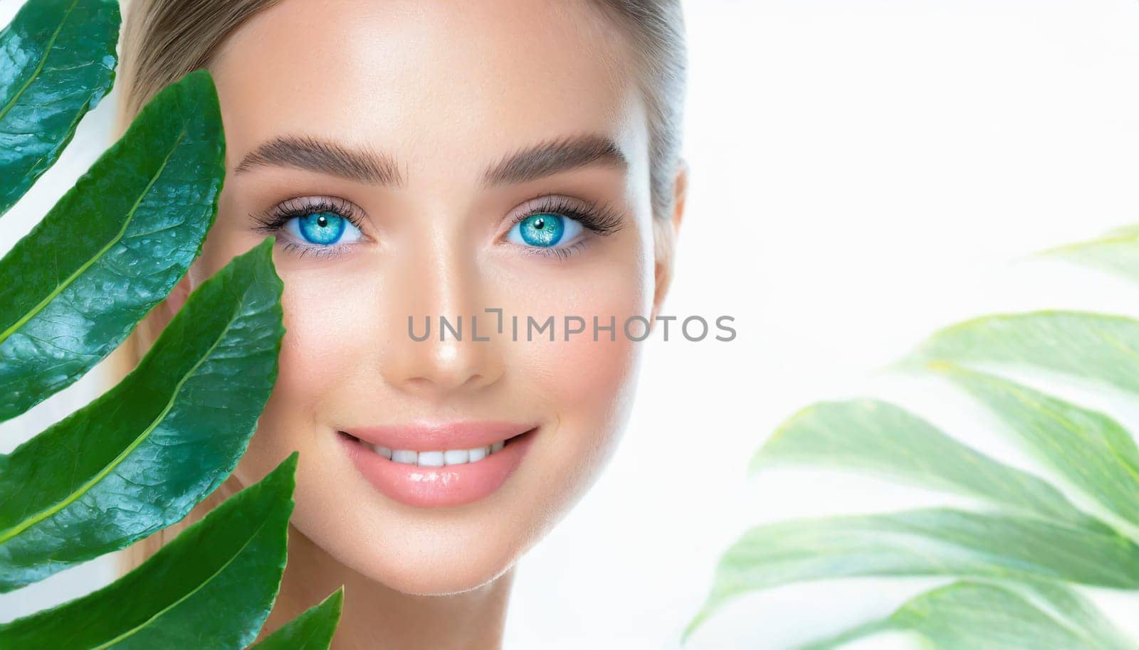 Portrait of young beautiful woman with healthy glow perfect smooth skin holds green tropical leaf. Model with natural nude make up. Gray background.