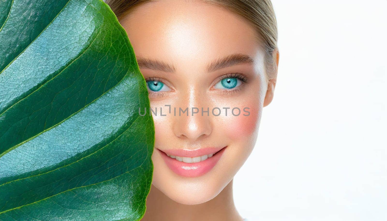 Portrait of young beautiful woman with healthy glow perfect smooth skin holds green tropical leaf. Model with natural nude make up. Gray background.
