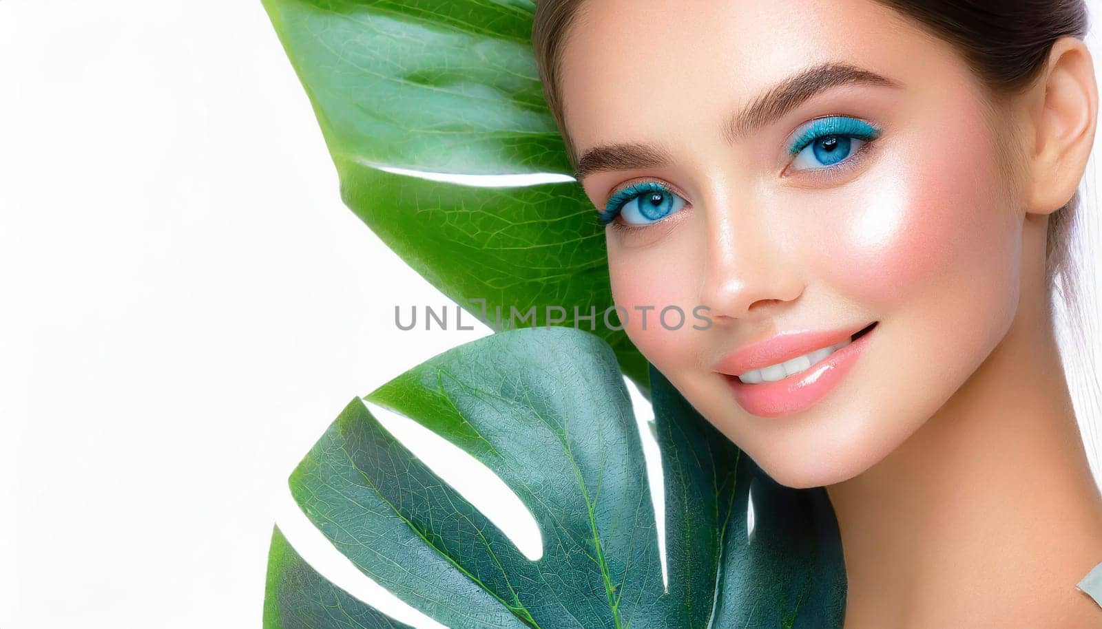 Portrait of young beautiful woman with healthy glow perfect smooth skin holds green tropical leaf. Model with natural nude make up. Gray background.