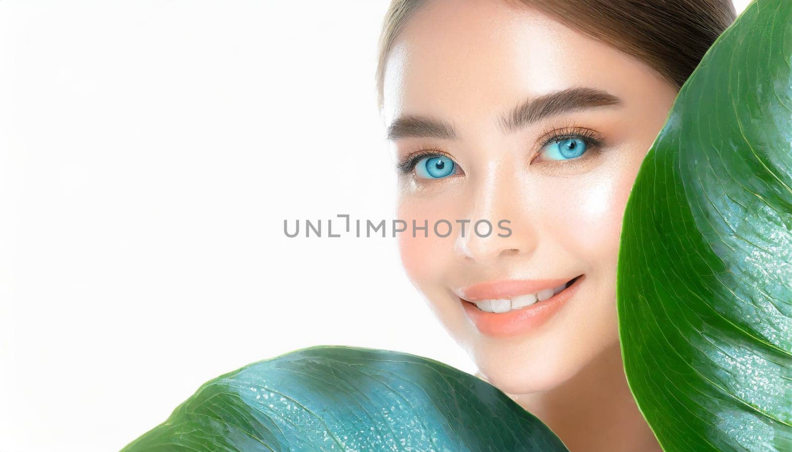Portrait of young beautiful woman with healthy glow perfect smooth skin holds green tropical leaf. Model with natural nude make up. Gray background.