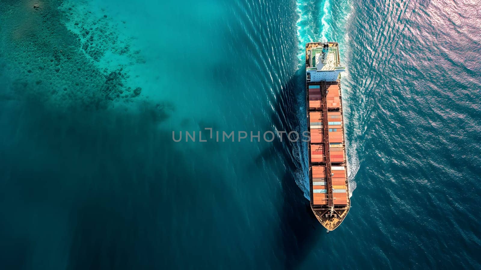 Cargo ship full of standard shipping containers at the sea during shipping at day time. Neural network generated image. Not based on any actual scene or pattern.