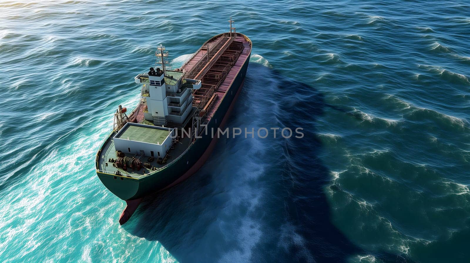 Cargo ship full of standard shipping containers at the sea during shipping at day time. Neural network generated image. Not based on any actual scene or pattern.