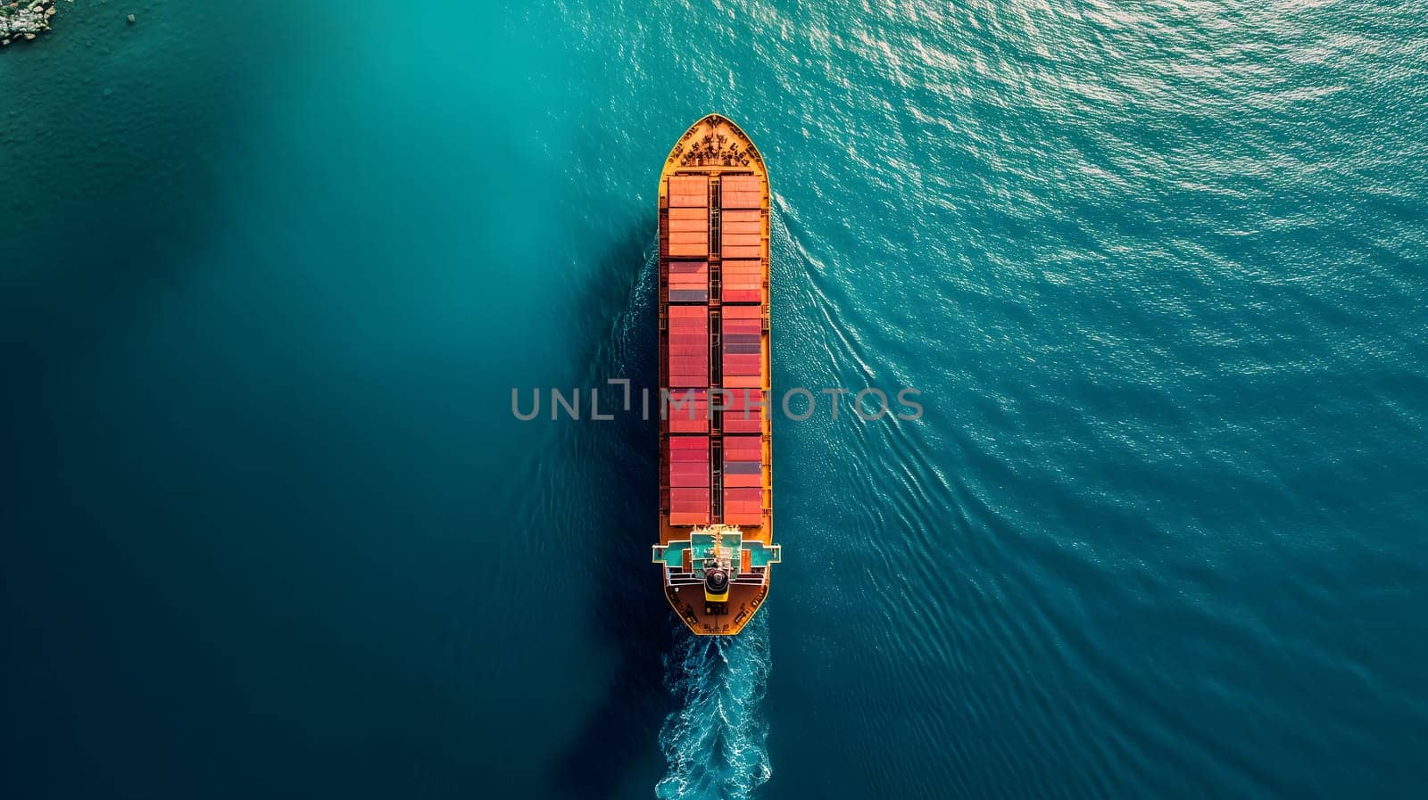 Cargo ship full of standard shipping containers at the sea during shipping at day time. Neural network generated image. Not based on any actual scene or pattern.