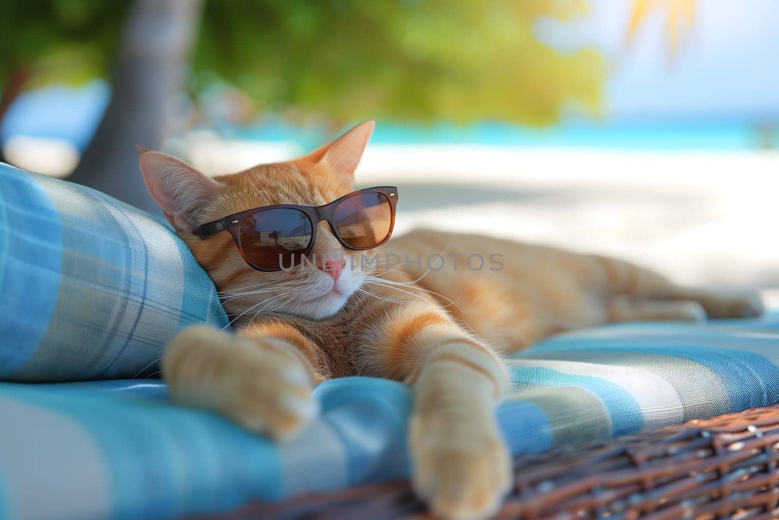 tabby cat with sunglasses laid on tropical beach, vacation theme. Neural network generated image. Not based on any actual person or scene.