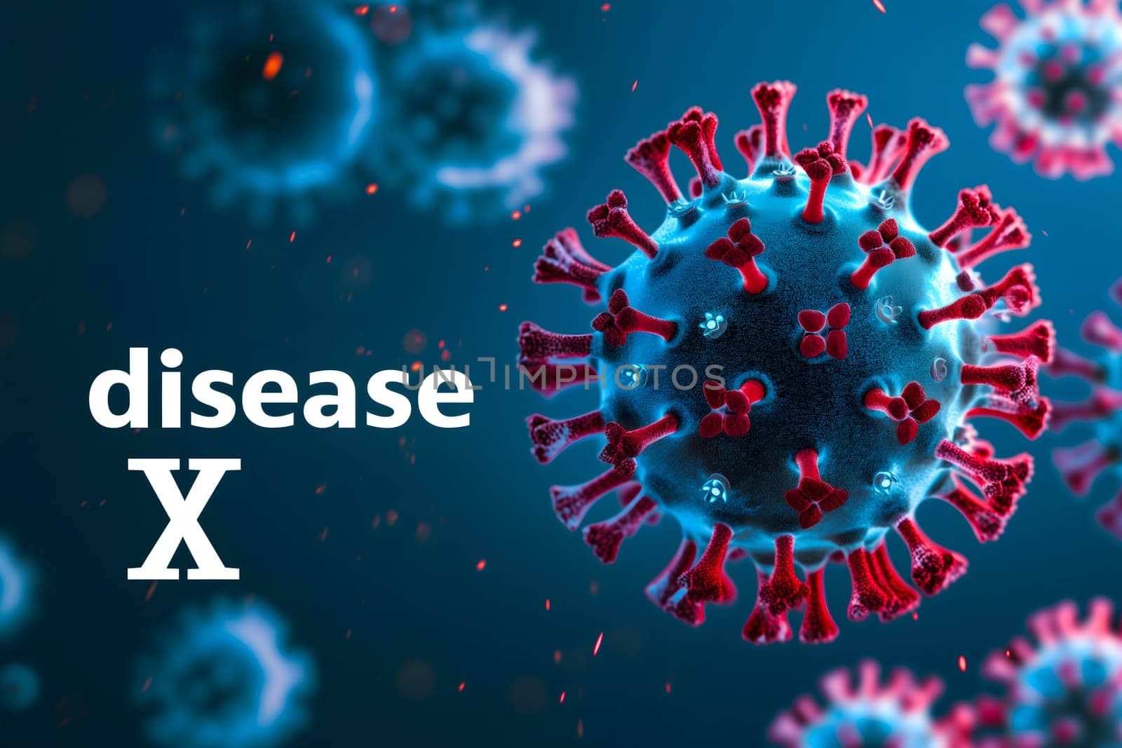 Disease X conceptual composition with coronaviruses for new pandemic topic. Neural network generated image. Not based on any actual scene or pattern.