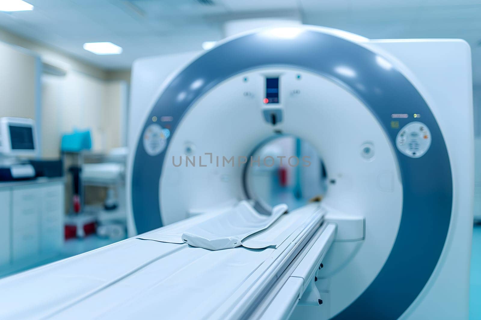 Advanced mri or ct scanner, medical diagnostic machine at hospital lab. Neural network generated image. Not based on any actual scene or pattern.