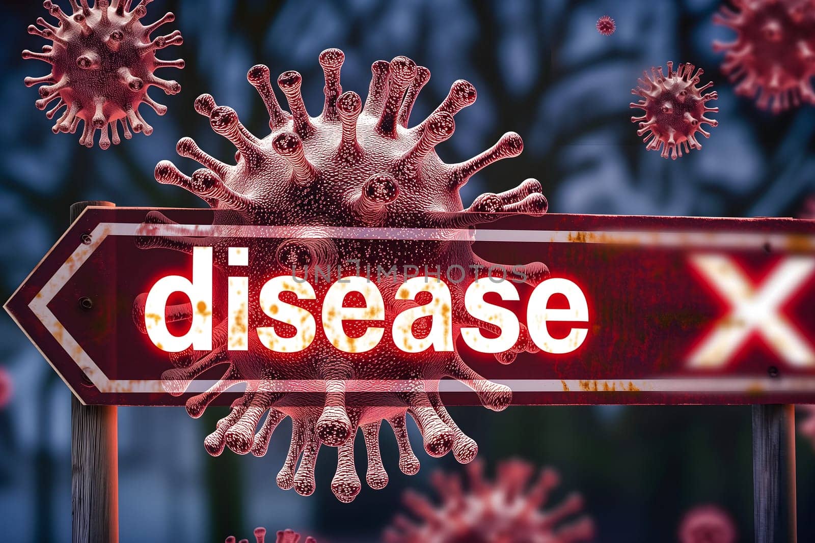Disease X conceptual composition with coronaviruses for new pandemic topic. Neural network generated image. Not based on any actual scene or pattern.