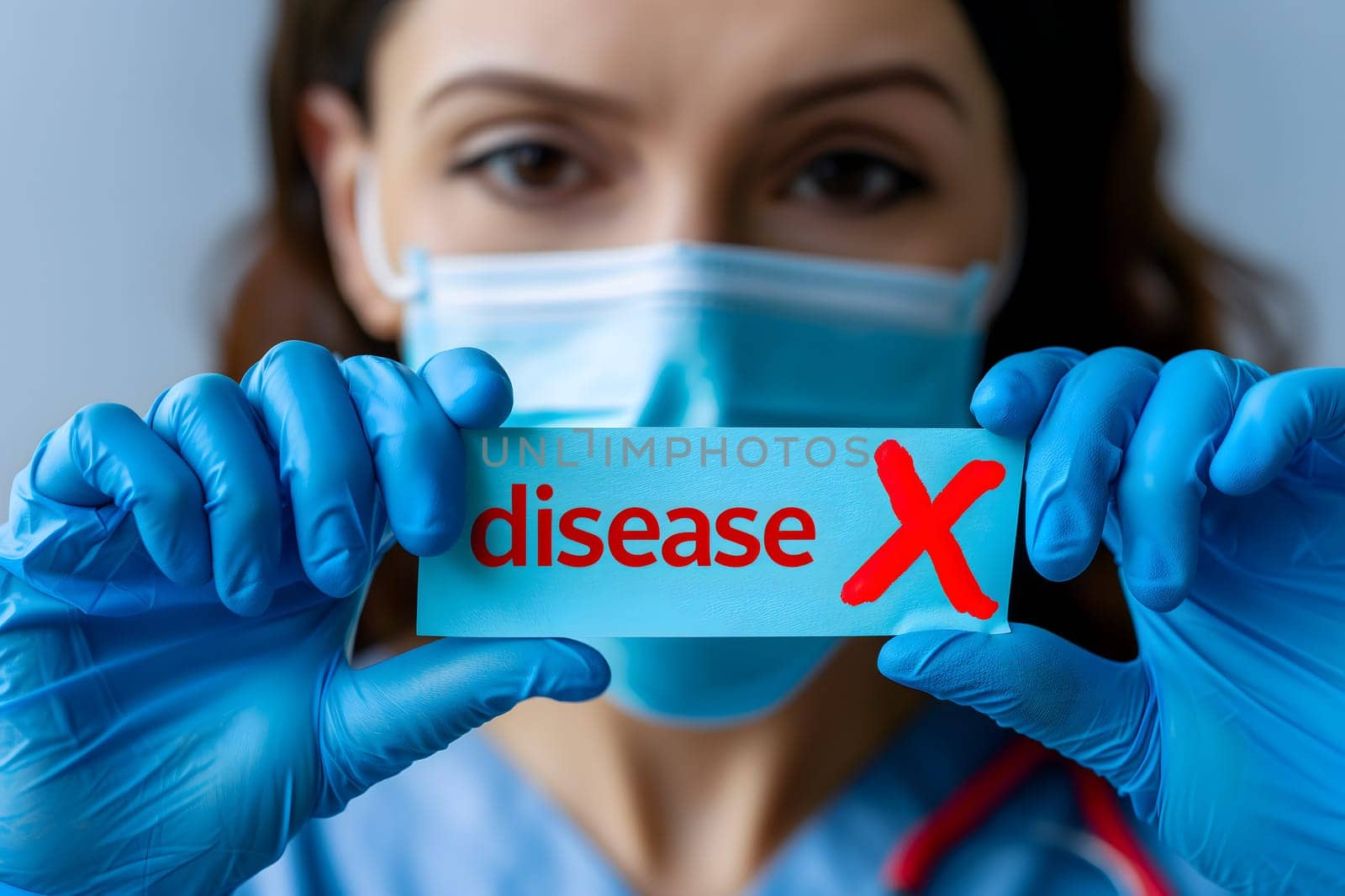 Medical woman with face mask holding sign with inscription disease X. Neural network generated image. Not based on any actual scene or pattern.