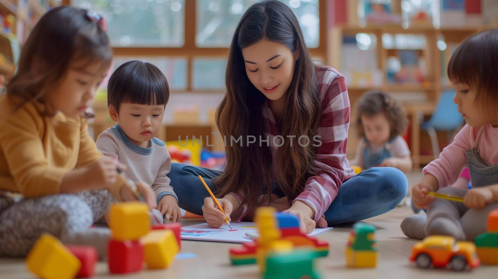 Beautiful teacher and group of toddlers sitting on the floor drawing using paper and pencil around lots of toys at kindergarten. Neural network generated image. Not based on any actual scene or pattern.