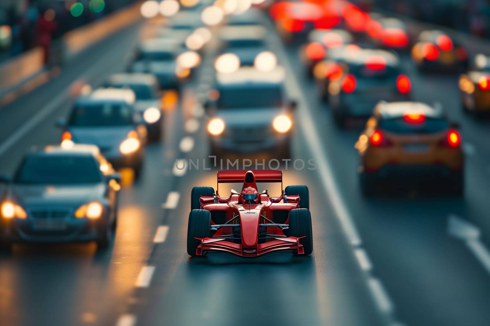 Formula 1 car stuck in traffic at the rush hour on the road of a capital city. Neural network generated image. Not based on any actual scene or pattern.