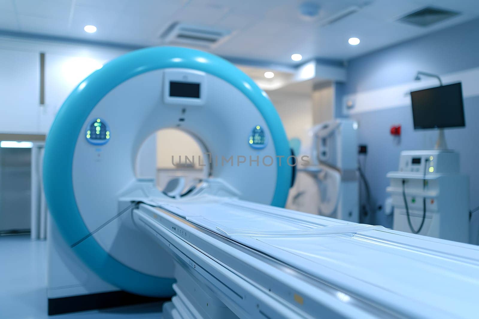 Advanced mri or ct scanner, medical diagnostic machine at hospital lab. Neural network generated image. Not based on any actual scene or pattern.