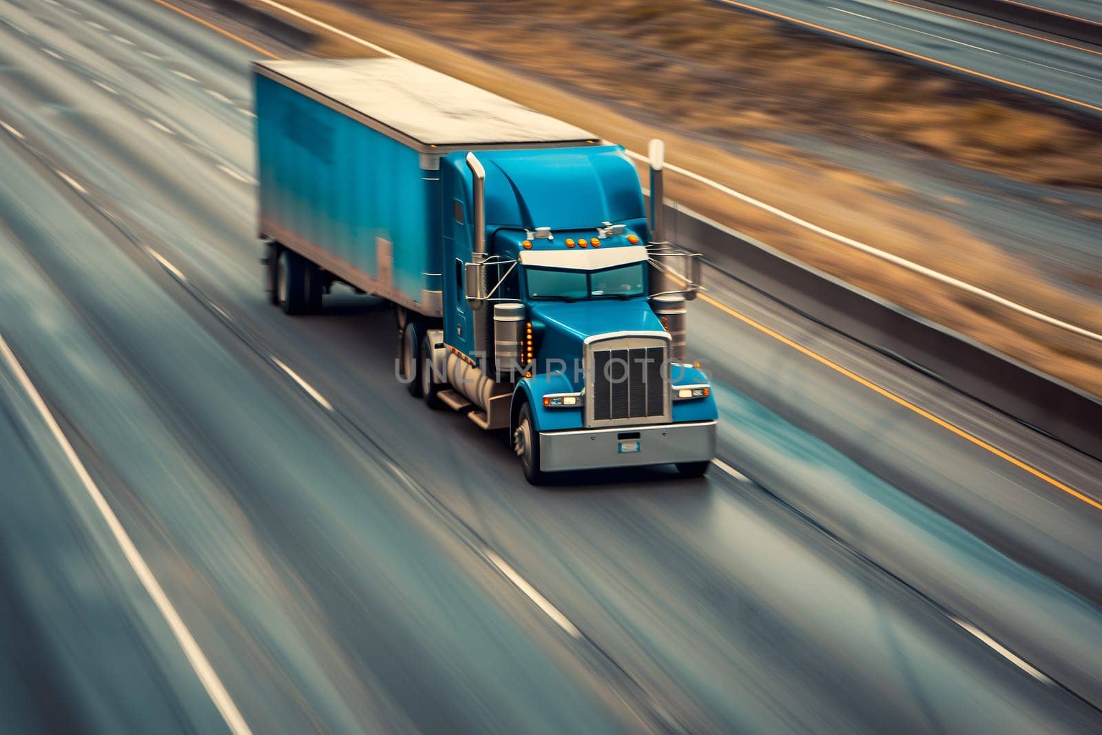 American long-nose semitruck on a highway. Neural network generated image. Not based on any actual scene or pattern.