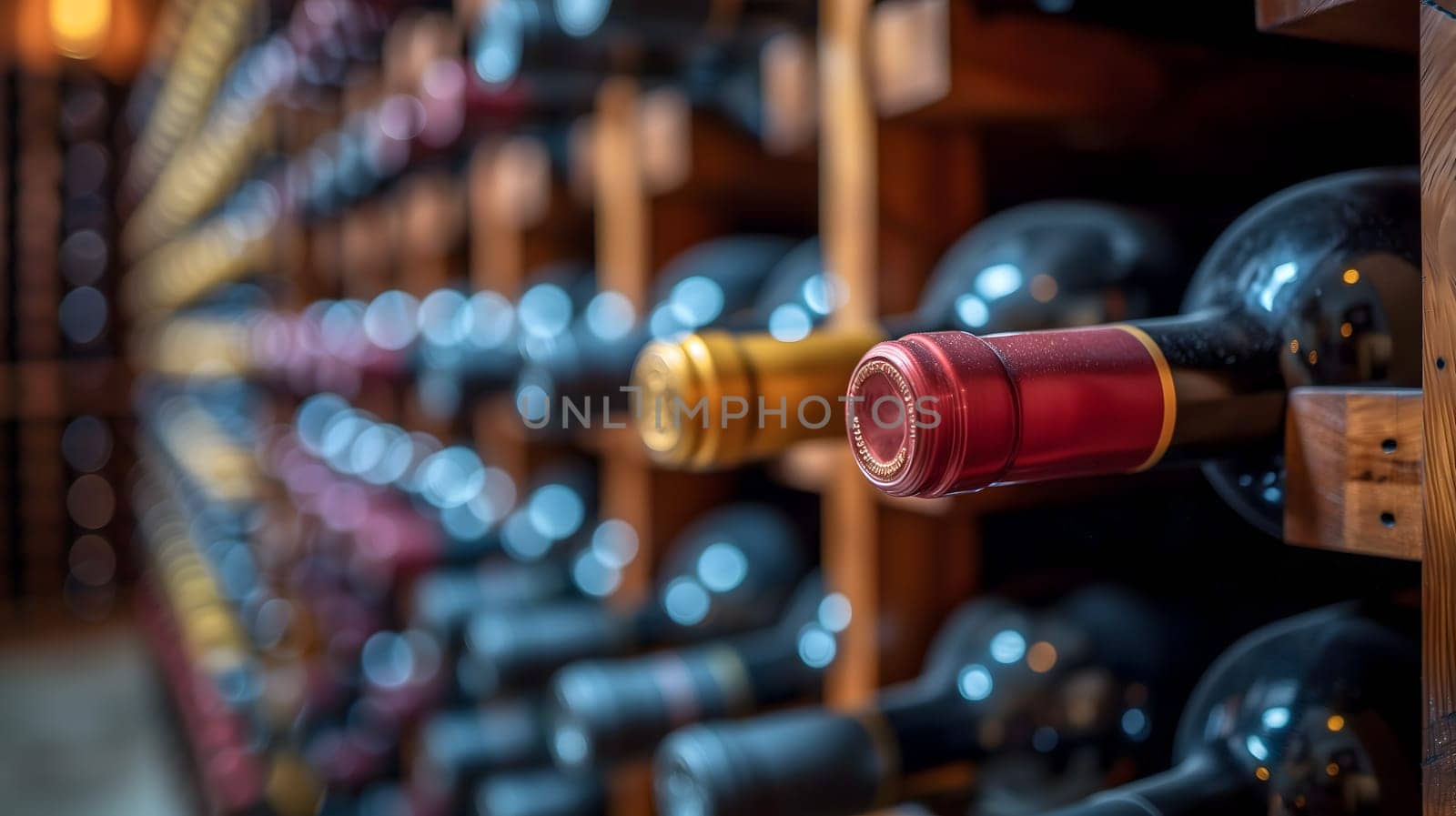 Wooden wine racks in a luxury cellar, closeup with selective focus. Neural network generated image. Not based on any actual scene or pattern.