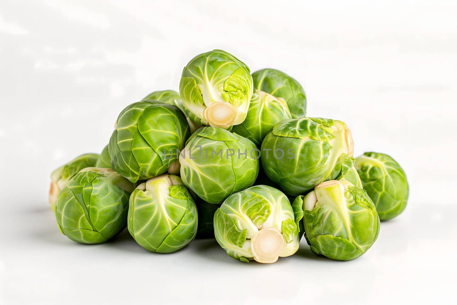 Small heap of brussels sprouts on white background. Neural network generated image. Not based on any actual scene or pattern.