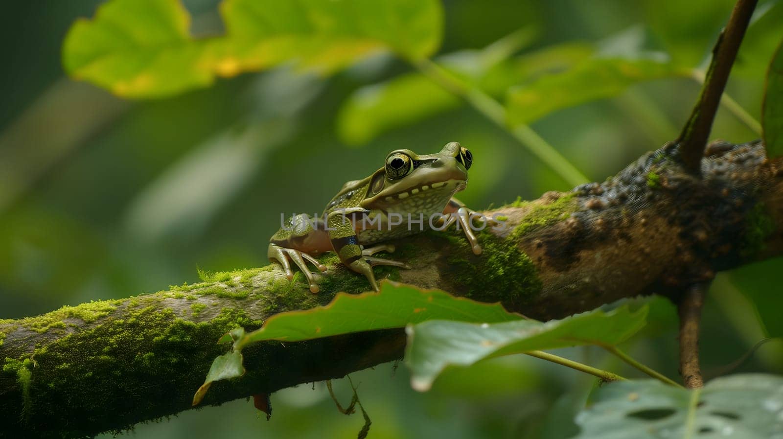 A frog resting on a tree branch in dense jungles. Neural network generated image. Not based on any actual scene or pattern.