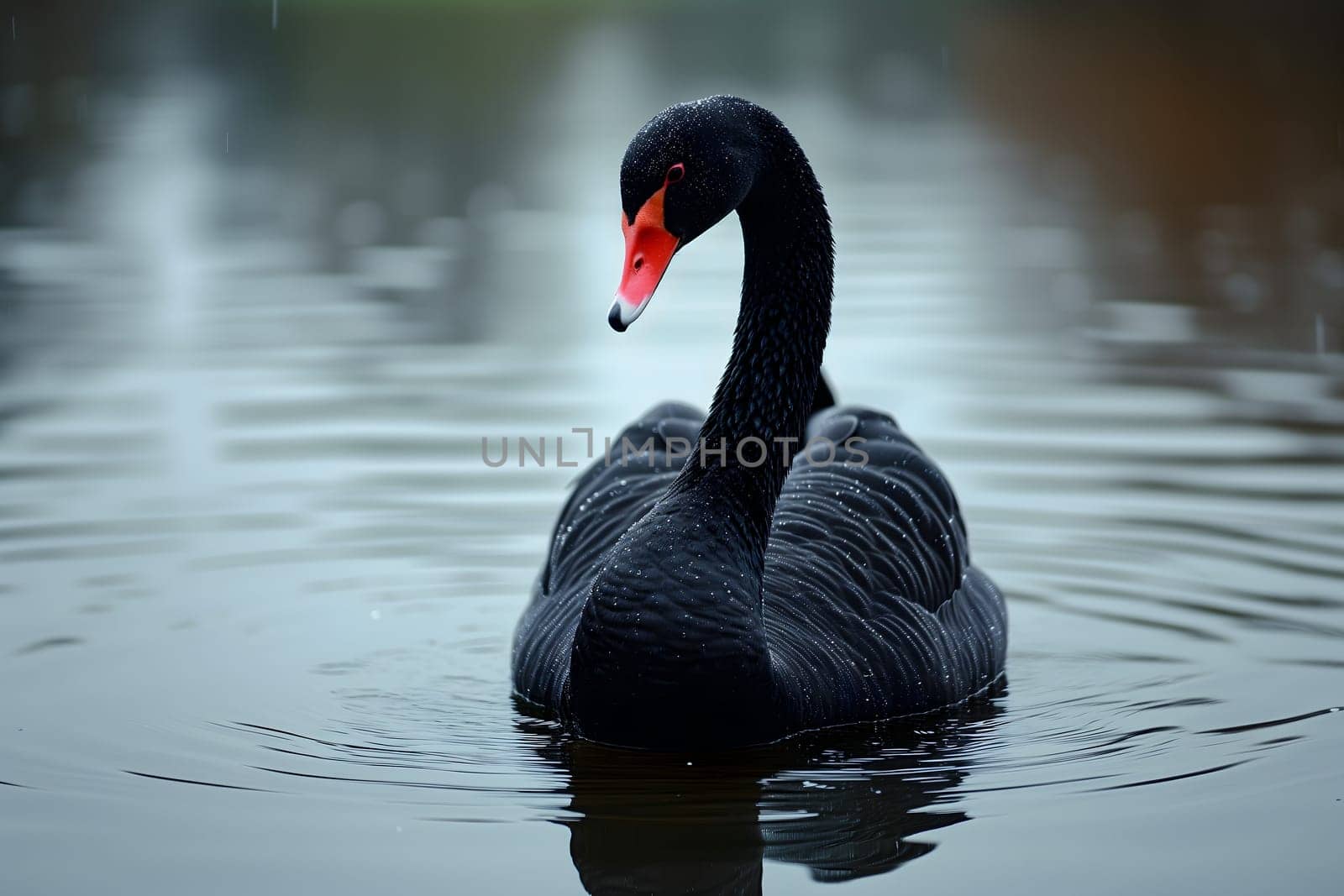 Black swan on water surface, close up. Neural network generated image. Not based on any actual scene or pattern.