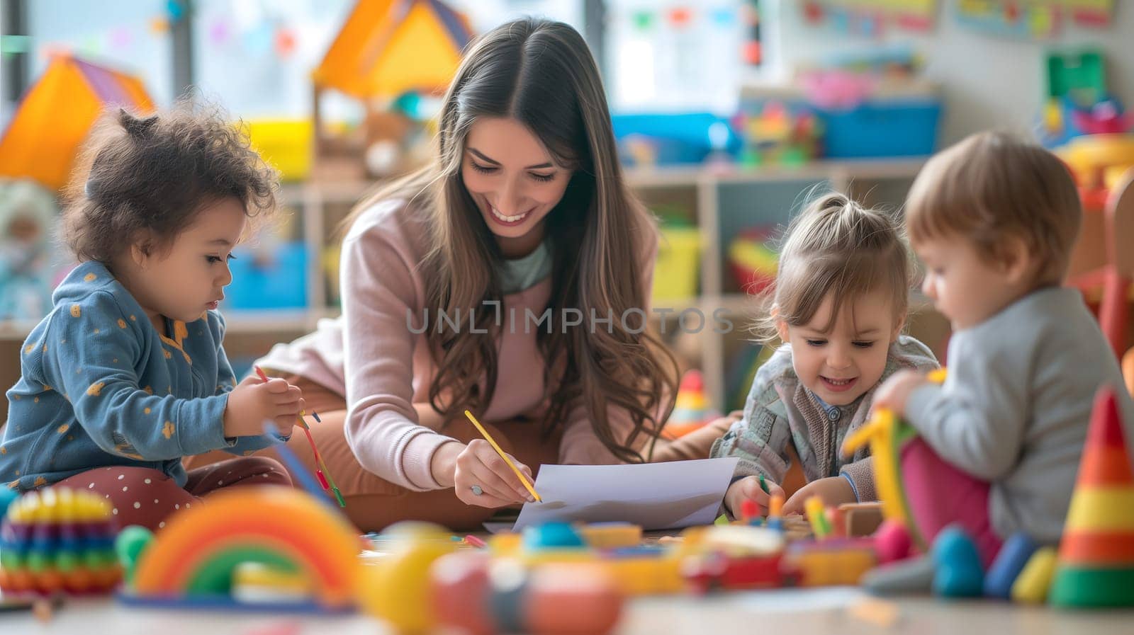 Beautiful teacher and group of toddlers sitting on the floor drawing using paper and pencil around lots of toys at kindergarten. Neural network generated image. Not based on any actual scene or pattern.