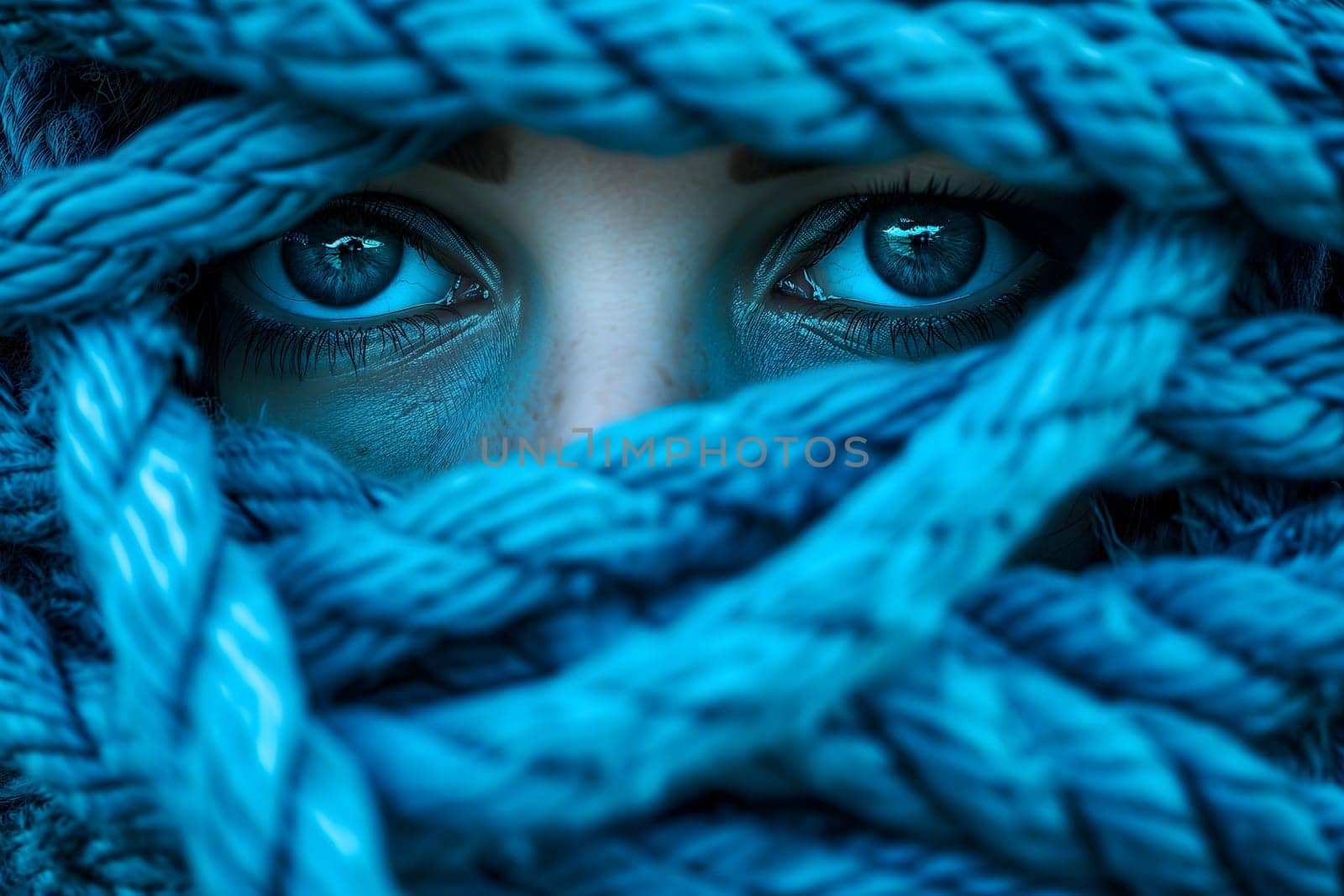 female face tangled up in blue. Neural network generated image. Not based on any actual scene or pattern.
