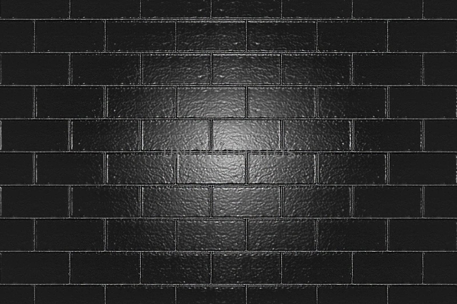 A rough glossy black brick wall with a backlight in the center. Texture or background