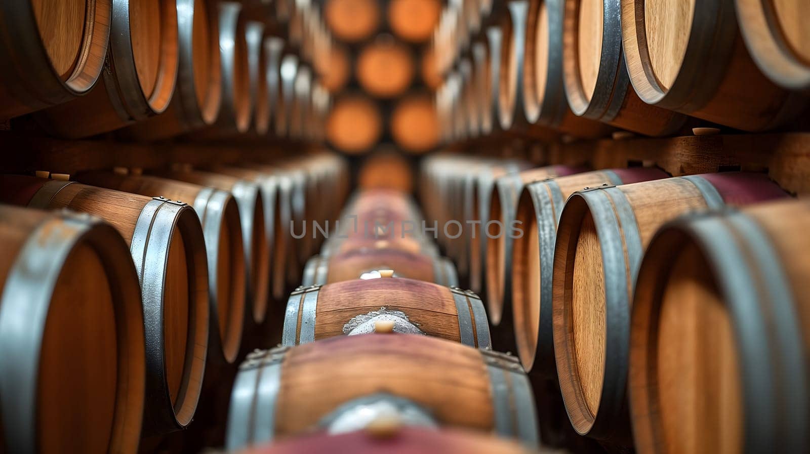 Wine barrels arranged neatly in the wine cellar. Neural network generated image. Not based on any actual scene or pattern.