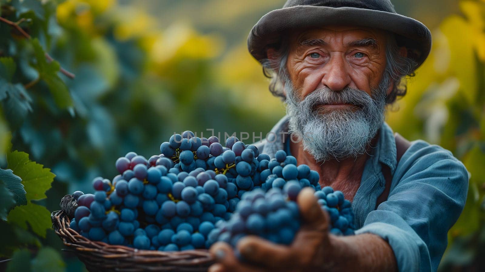 Close-up shot of weathered farmer hands gently harvesting ripe grapes in a sunlit vineyard. Neural network generated image. Not based on any actual scene or pattern.