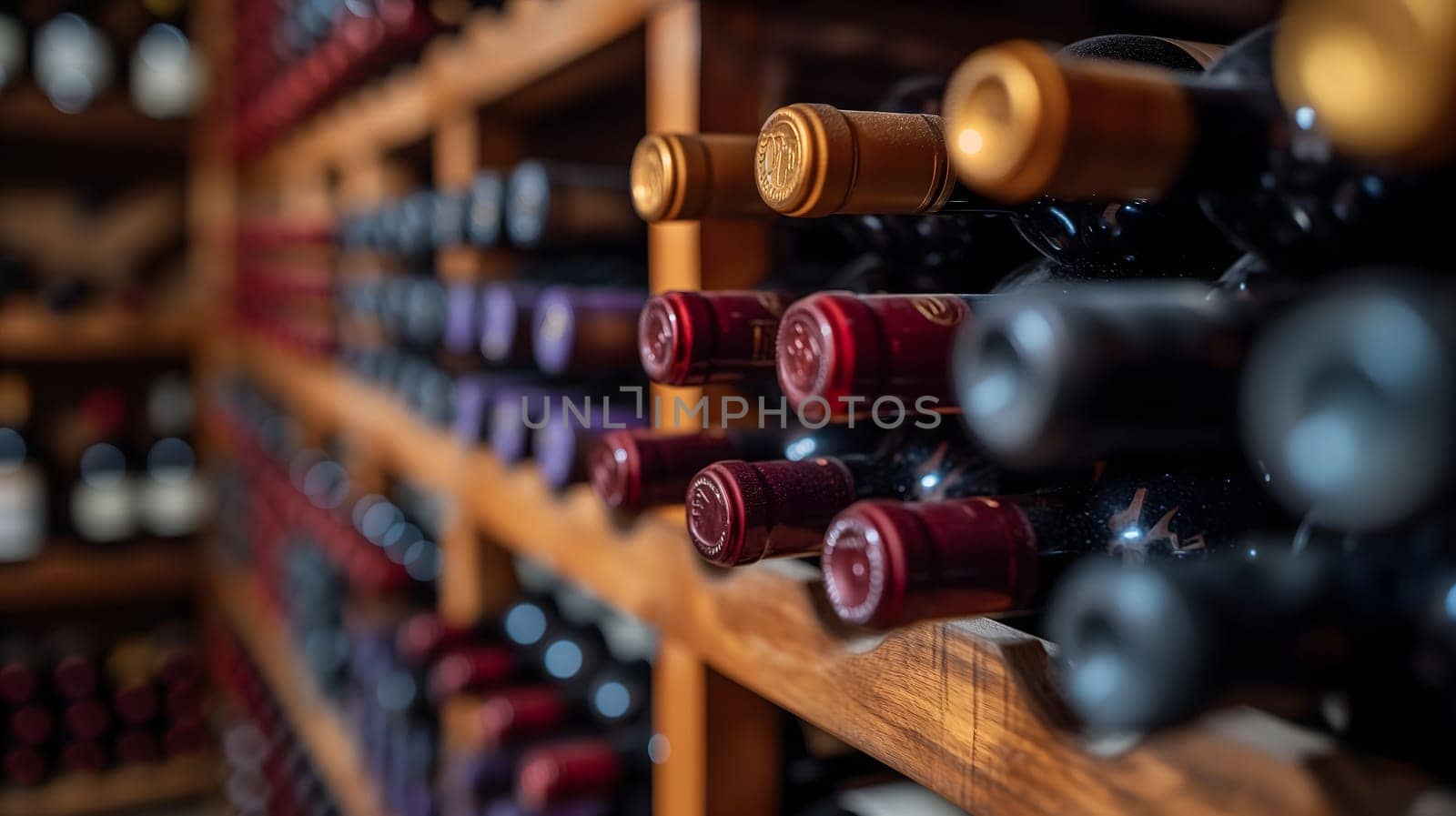Wooden wine racks in a luxury cellar, closeup with selective focus. Neural network generated image. Not based on any actual scene or pattern.