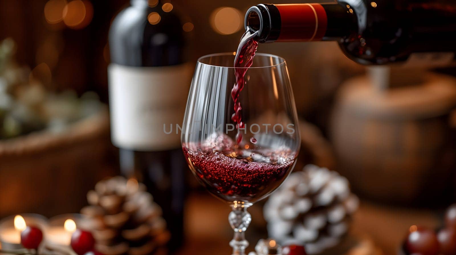 A wine bottle, with its elegant shape and deep red liquid inside, is being poured into a crystal glass, ready to be enjoyed during a romantic dinner. Neural network generated image. Not based on any actual scene or pattern.