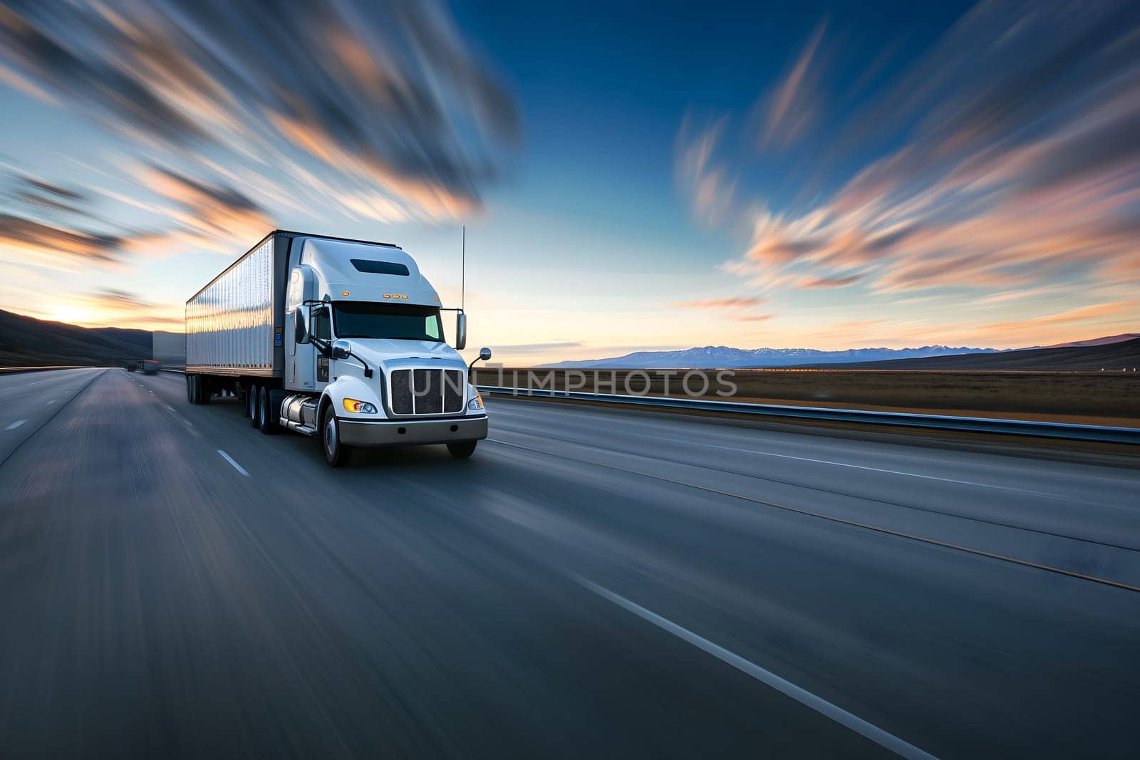 American long-nose semitruck on a highway. Neural network generated image. Not based on any actual scene or pattern.